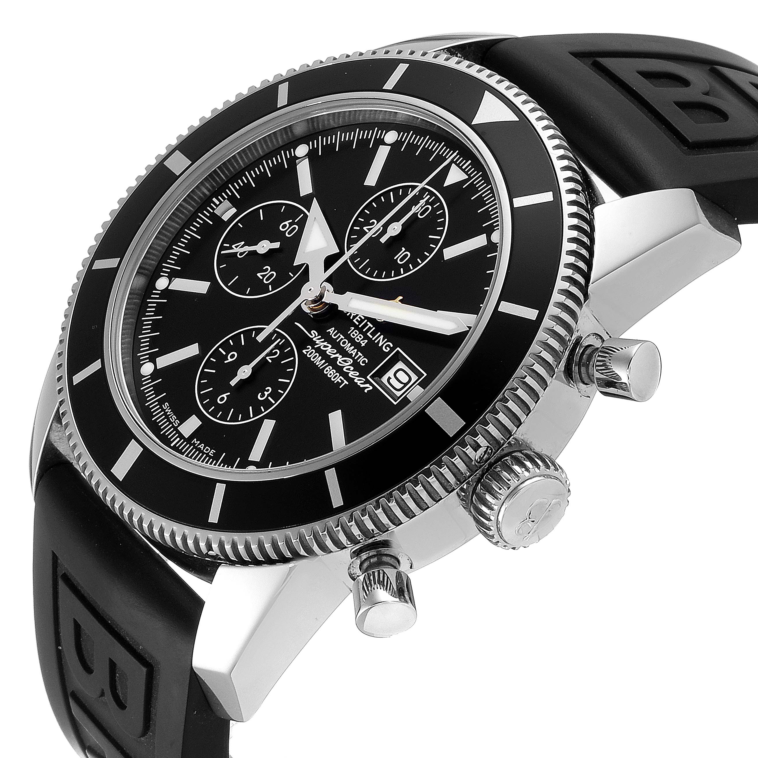 The image shows a Breitling Superocean A13320 Men's Stainless Steel Black Dial A13320 Men's Stainless Steel Black Dial watch from a side angle, displaying its dial, bezel, crown, pushers, and rubber strap.