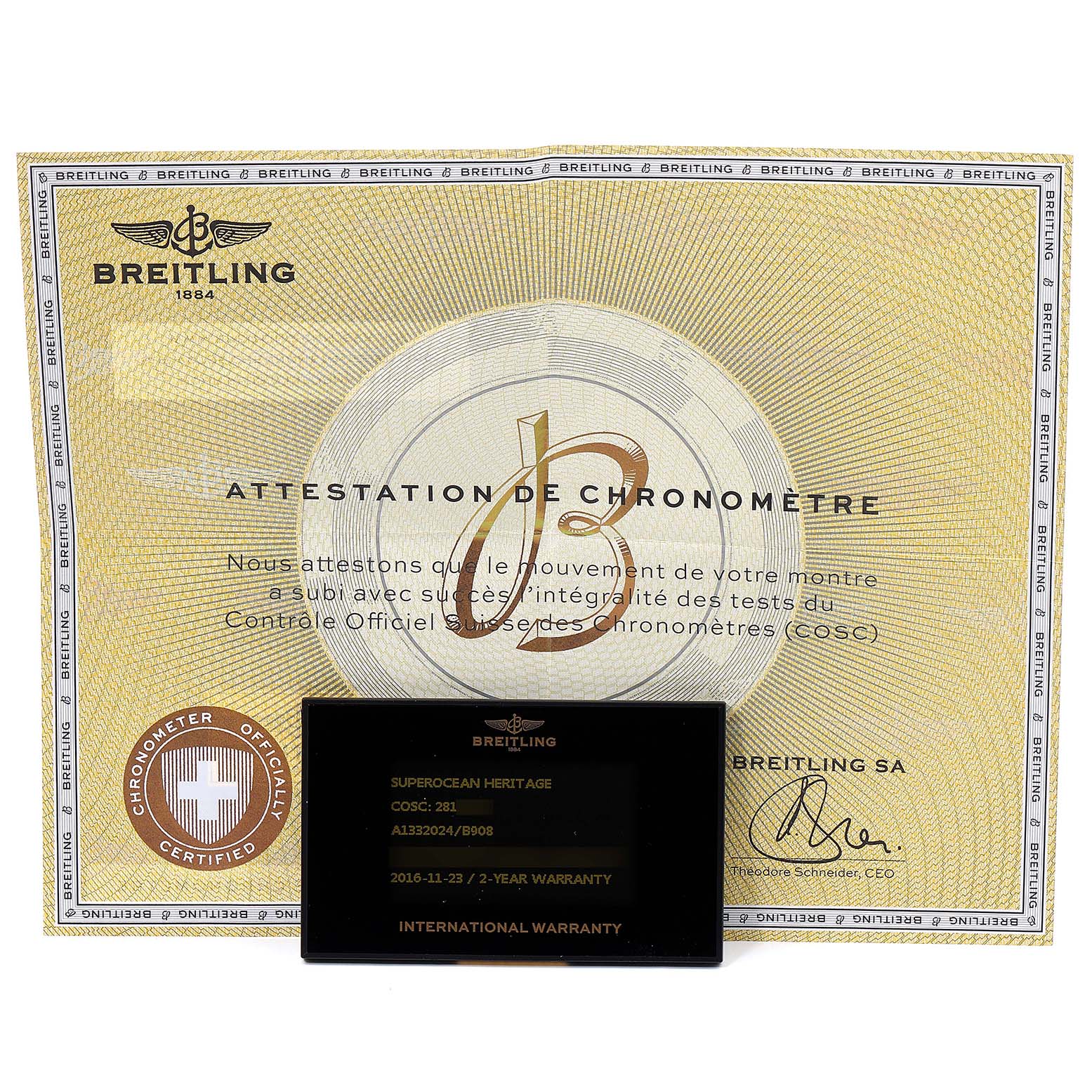 The image shows a warranty card and chronometer certificate for the Breitling Superocean A13320 Men's Stainless Steel Black Dial A13320 Men's Stainless Steel Black Dial model.
