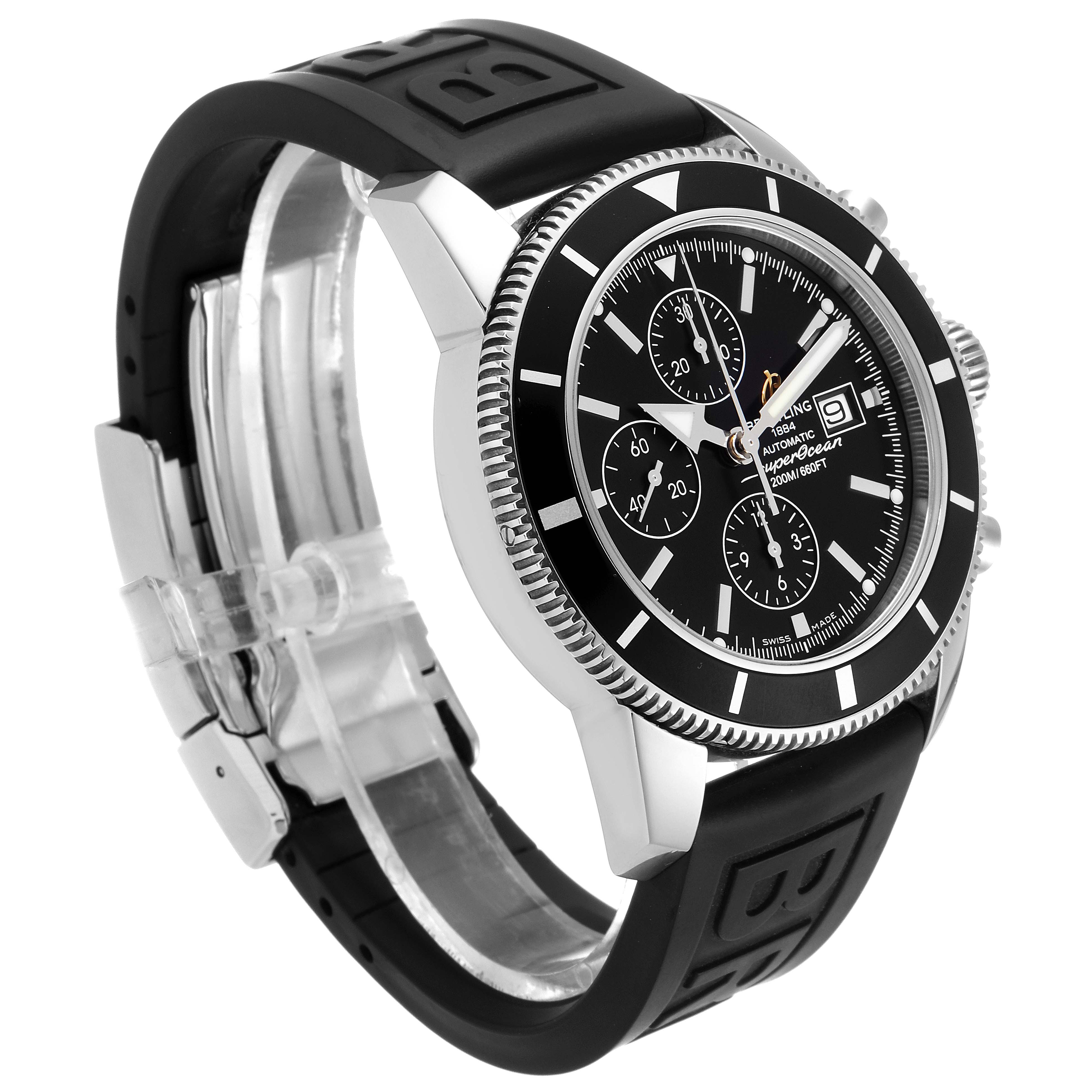 The image shows the Breitling Superocean A13320 Men's Stainless Steel Black Dial A13320 Men's Stainless Steel Black Dial watch at an angled side view, highlighting the dial, bezel, and rubber strap.