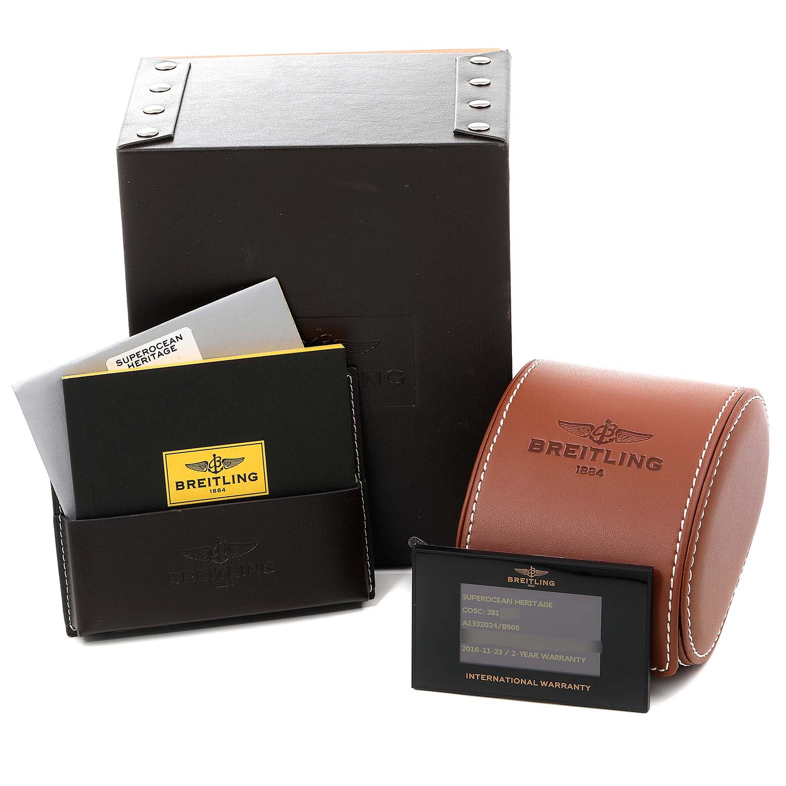 The image shows the packaging, warranty card, manual, and travel case for the Breitling Superocean A13320 Men's Stainless Steel Black Dial A13320 Men's Stainless Steel Black Dial model.