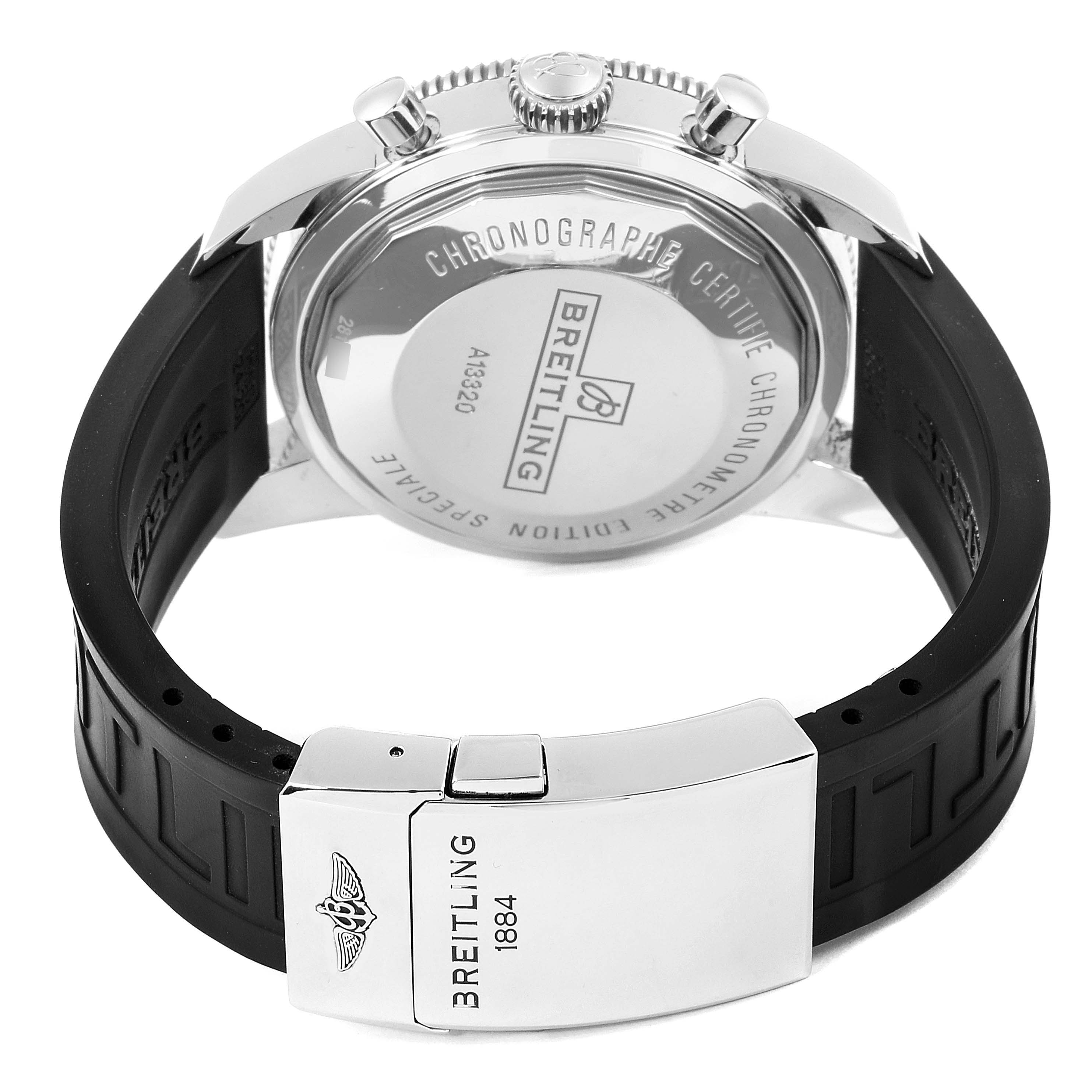 The image shows the back view of a Breitling Superocean A13320 Men's Stainless Steel Black Dial A13320 Men's Stainless Steel Black Dial model watch, highlighting the case back and rubber strap with clasp.