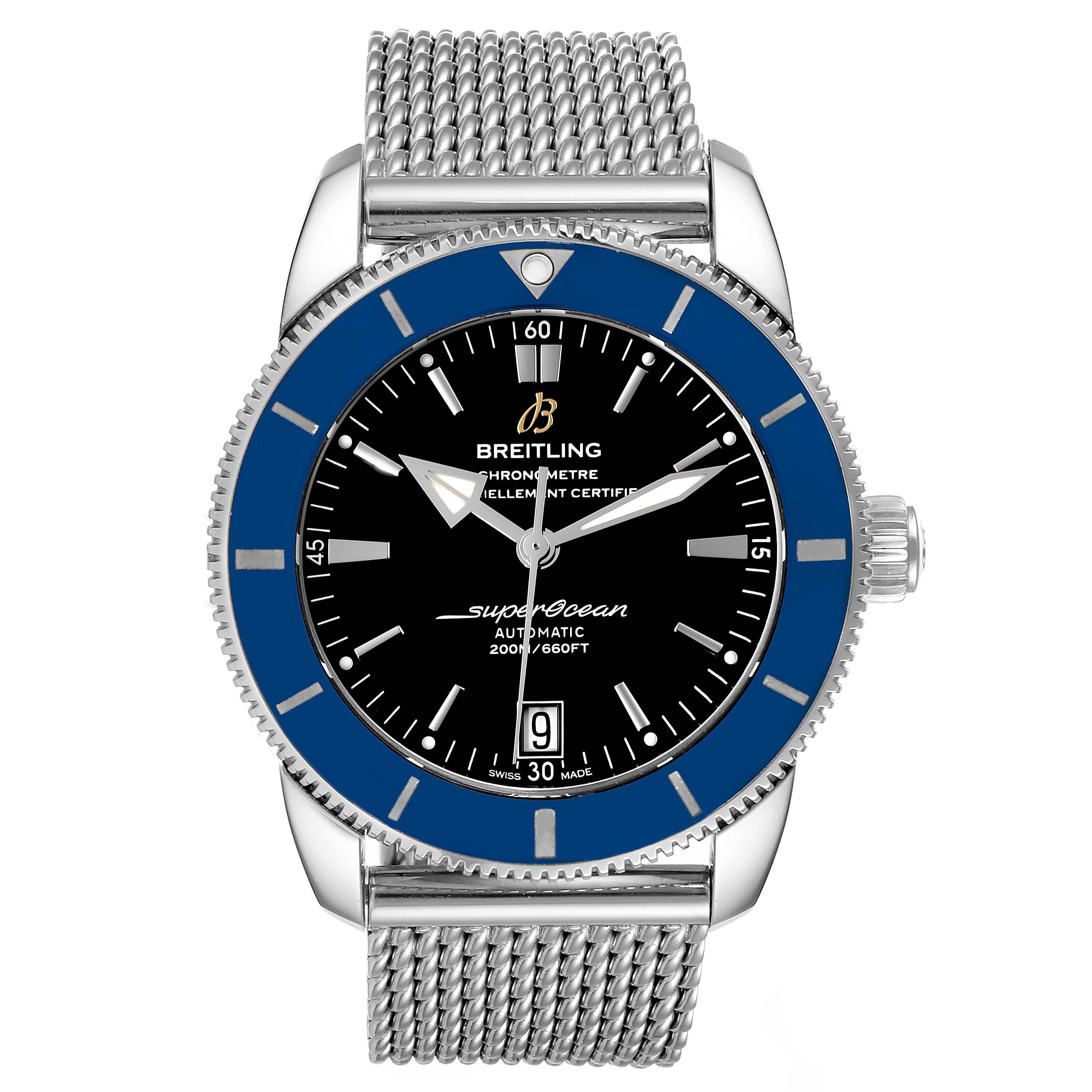 The image shows a front view of the Breitling Superocean AB2010161C1A1 Men's Stainless Steel Black Dial AB2010161C1A1 Men's Stainless Steel Black Dial watch, featuring its dial, stainless steel mesh band, and blue bezel.