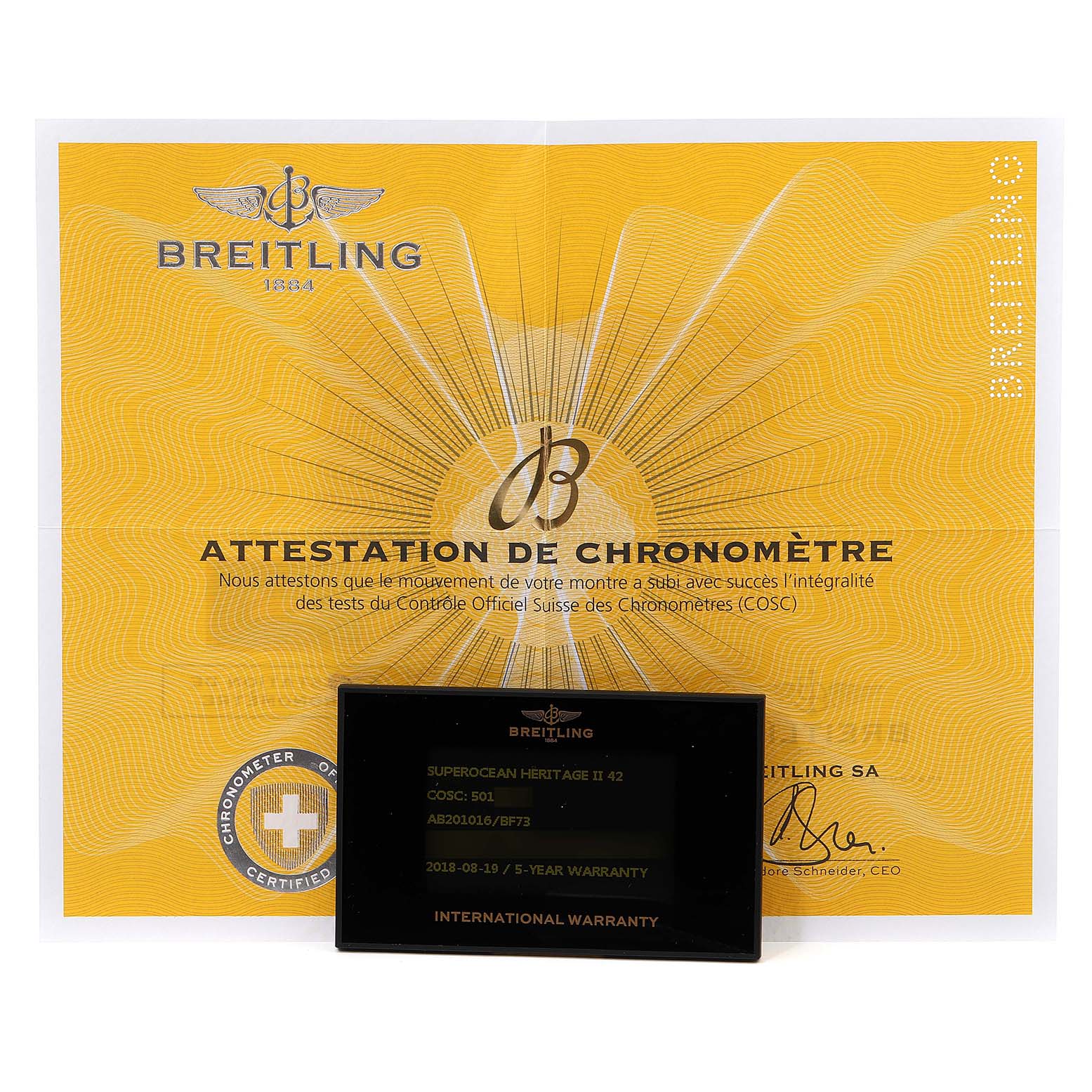 The image shows the warranty card and COSC attestation for a Breitling Superocean AB2010161C1A1 Men's Stainless Steel Black Dial AB2010161C1A1 Men's Stainless Steel Black Dial model watch.