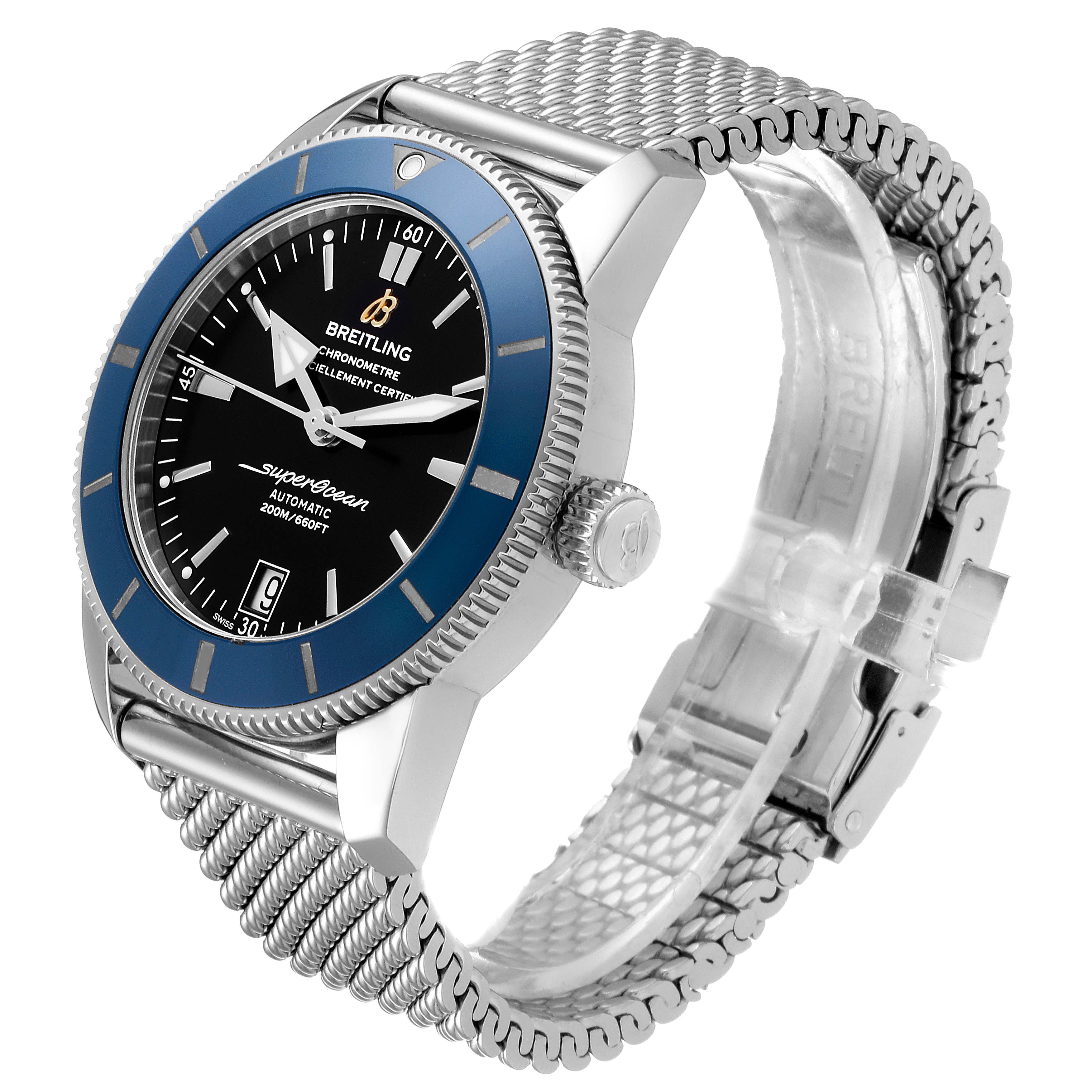 The Breitling Superocean AB2010161C1A1 Men's Stainless Steel Black Dial AB2010161C1A1 Men's Stainless Steel Black Dial watch is shown from a front angle, highlighting its face, bezel, crown, and mesh bracelet.