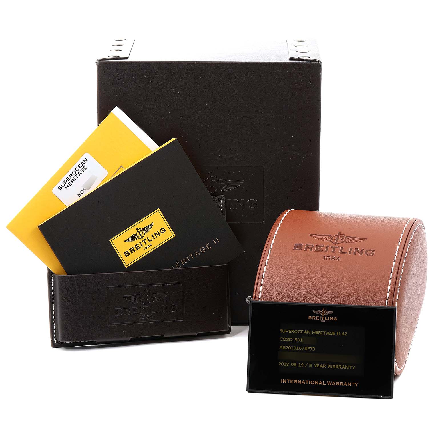 The image shows the packaging materials and manuals for a Breitling Superocean AB2010161C1A1 Men's Stainless Steel Black Dial AB2010161C1A1 Men's Stainless Steel Black Dial model watch, including the box, leather case, and warranty documents.