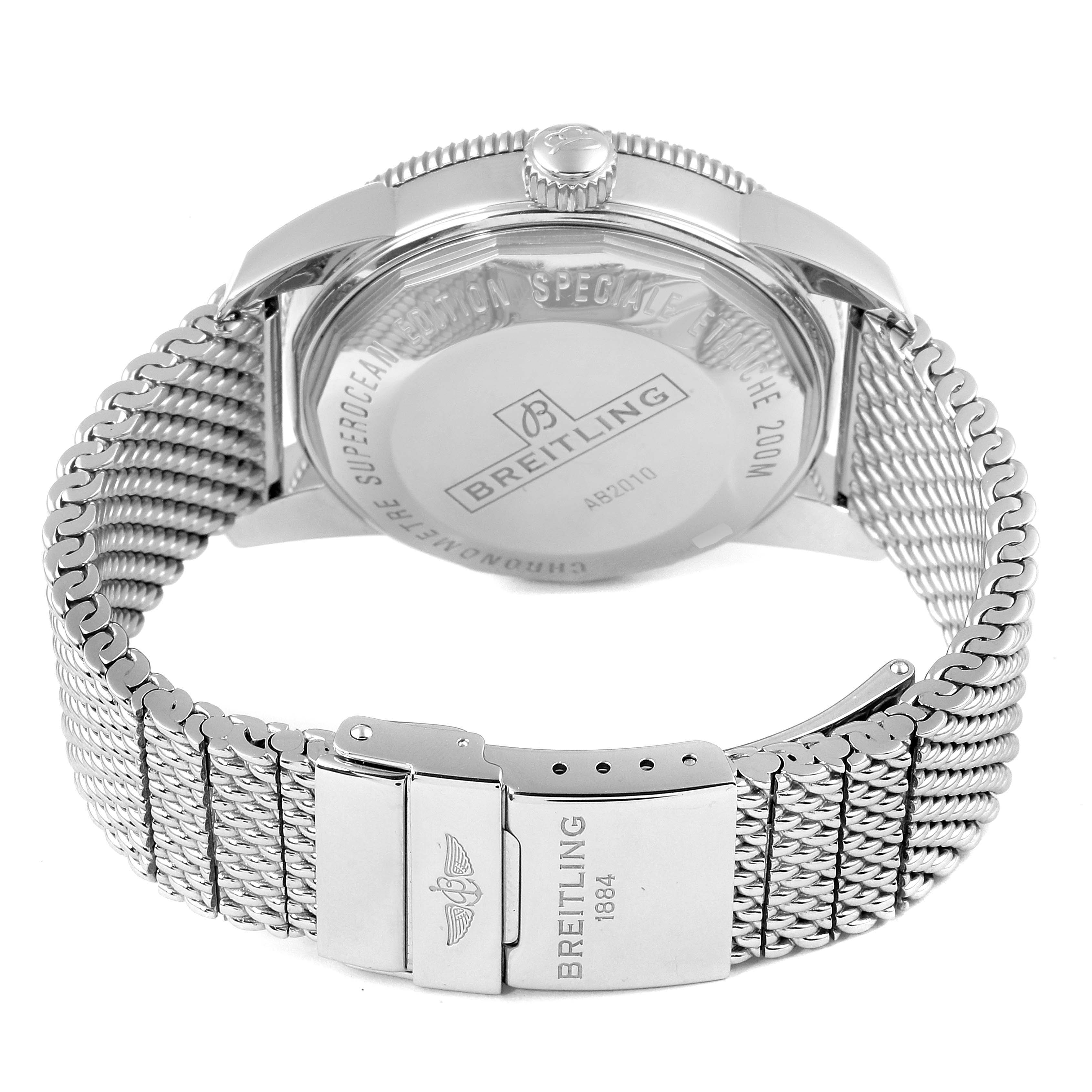 The image shows the case back, crown, and mesh bracelet of a Breitling Superocean AB2010161C1A1 Men's Stainless Steel Black Dial AB2010161C1A1 Men's Stainless Steel Black Dial watch from a rear angle.
