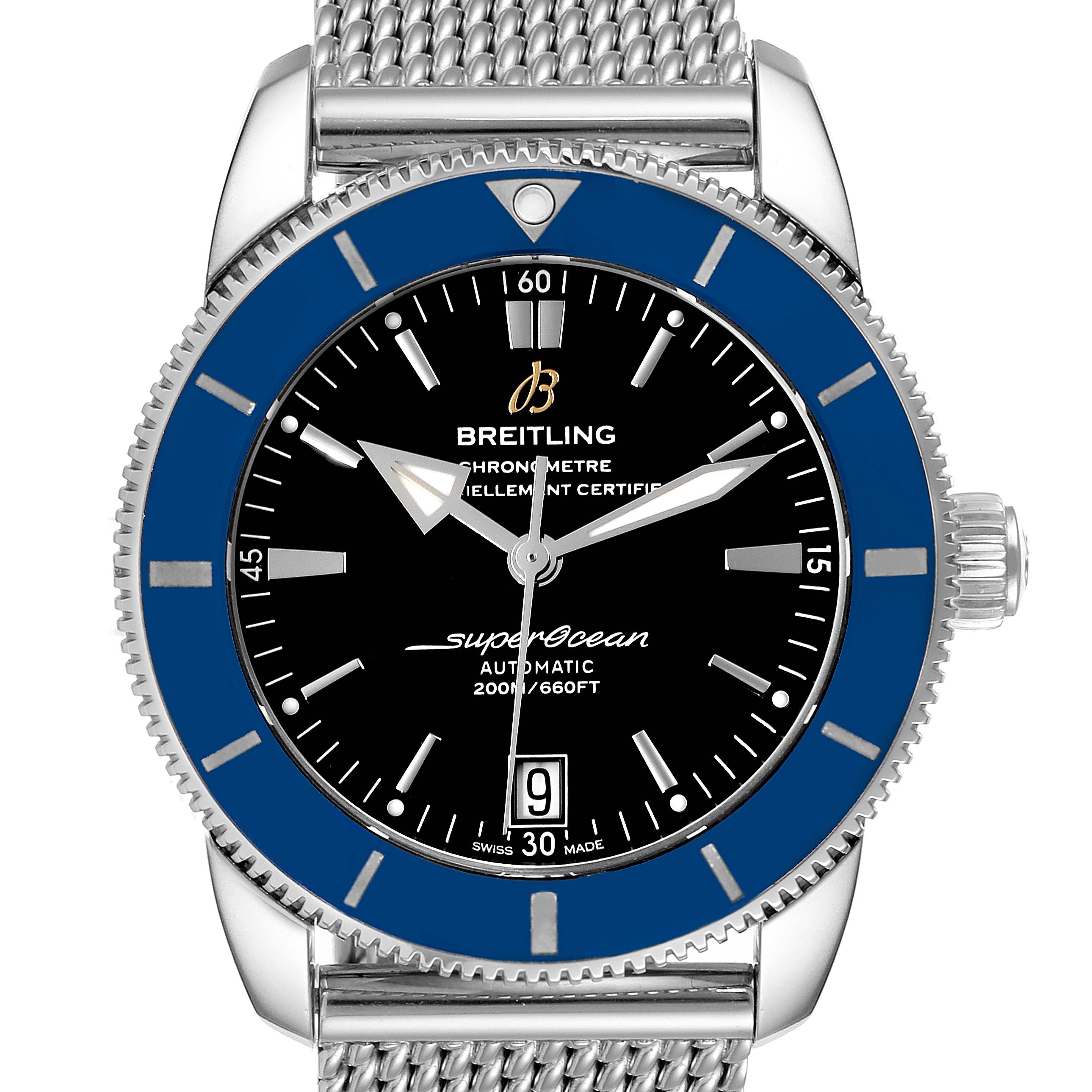 The Breitling Superocean AB2010161C1A1 Men's Stainless Steel Black Dial AB2010161C1A1 Men's Stainless Steel Black Dial watch is shown from a front angle, displaying its dial, bezel, and a portion of its mesh bracelet.