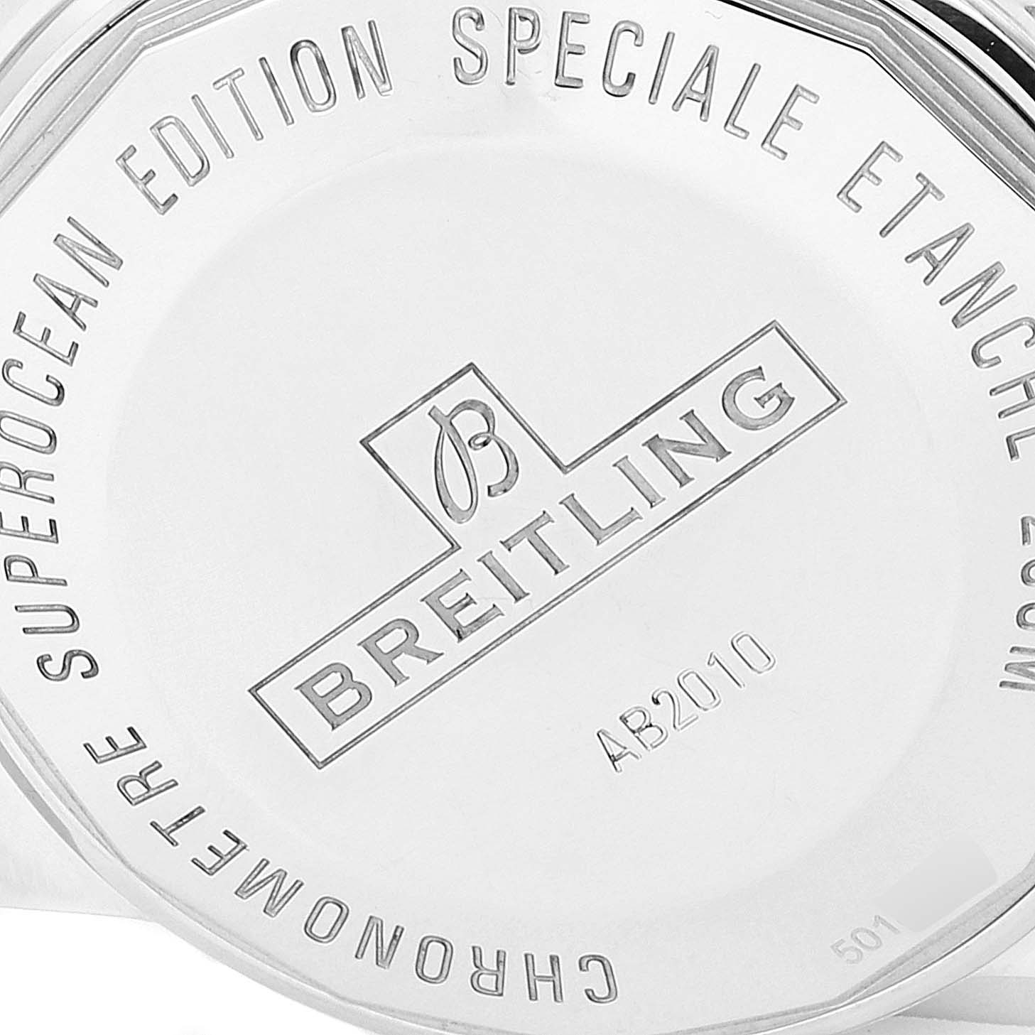 This image shows the back case of a Breitling Superocean AB2010161C1A1 Men's Stainless Steel Black Dial AB2010161C1A1 Men's Stainless Steel Black Dial watch, featuring the brand logo and model details.