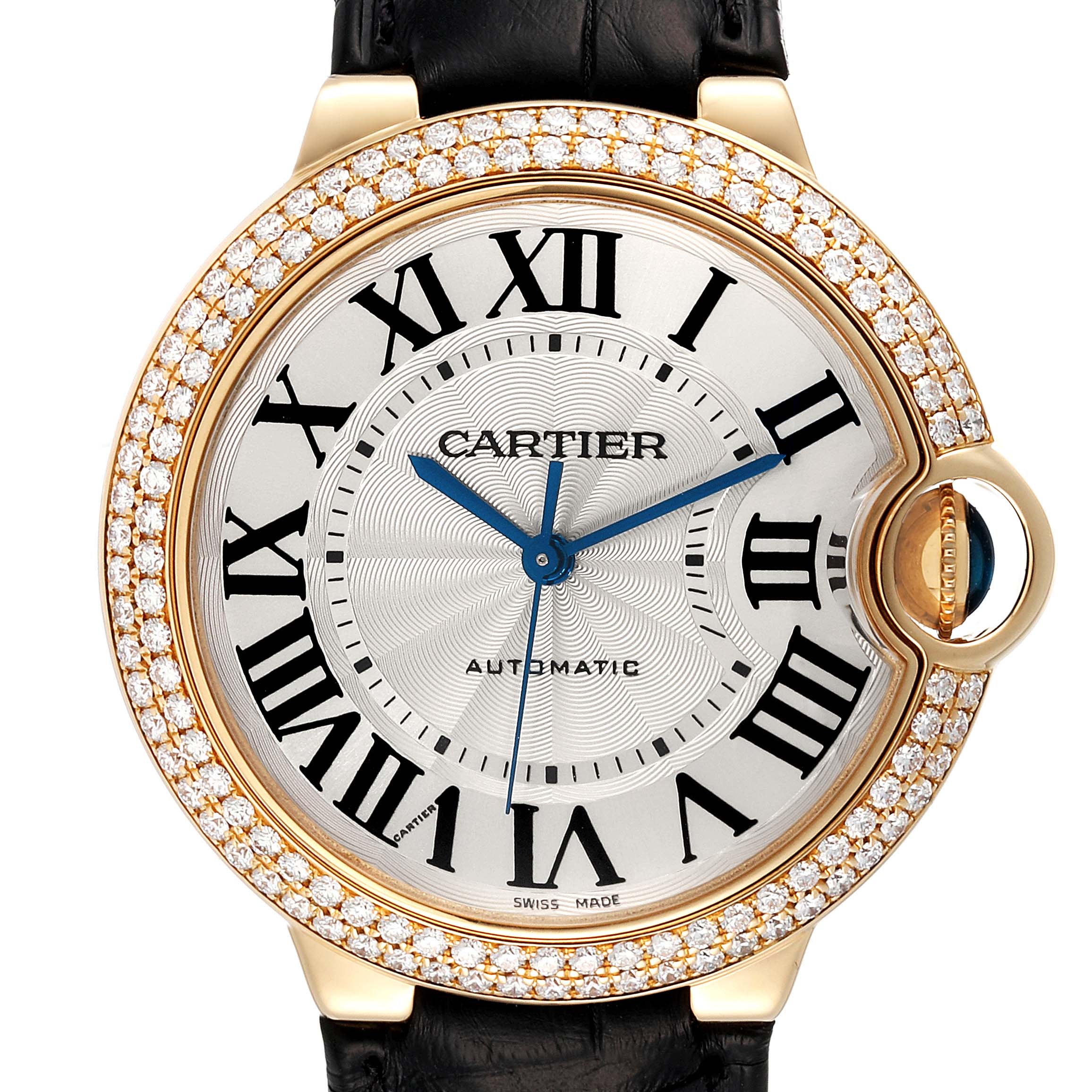 This image shows a frontal view of the Cartier Ballon Bleu WE900451 Men's Yellow Gold Silver Dial WE900451 Men's Yellow Gold Silver Dial watch, highlighting its diamond-studded bezel and Roman numeral dial.
