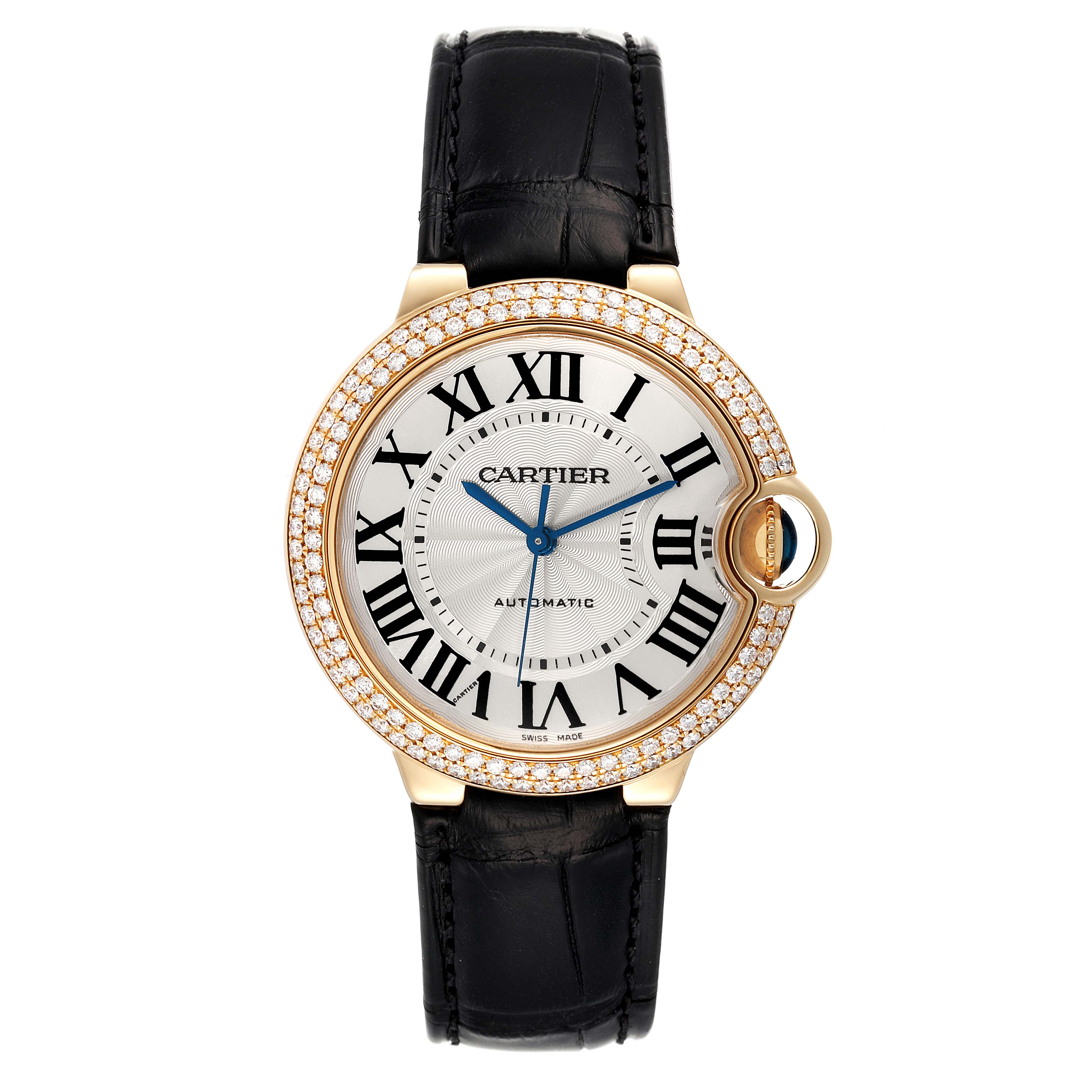 This image shows a front view of the Ballon Bleu de Cartier watch, displaying its face, bezel, and leather strap.