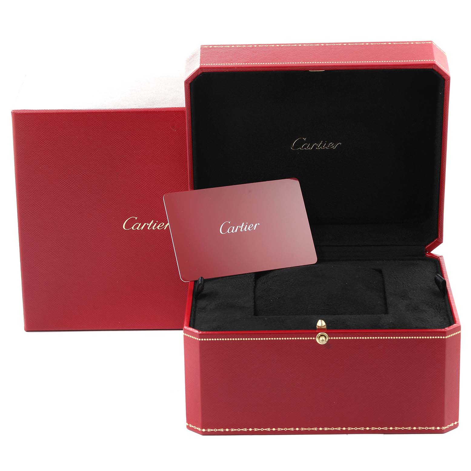 This image shows the open display box and warranty card for the Cartier Ballon Bleu WE900451 Men's Yellow Gold Silver Dial WE900451 Men's Yellow Gold Silver Dial watch.