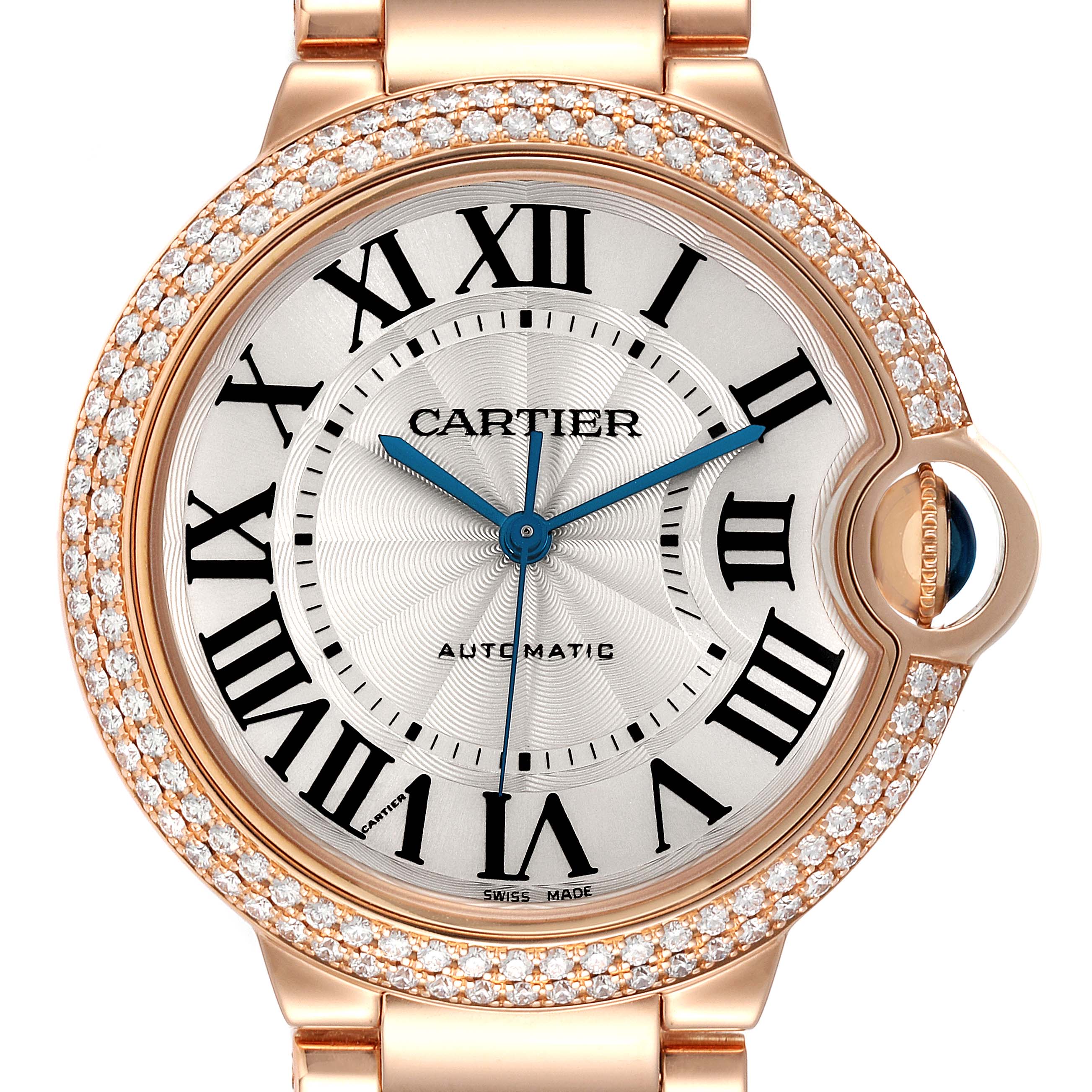 The image shows a front view of a Cartier Ballon Bleu WE9005Z3 Men's Rose Gold Silver Dial WE9005Z3 Men's Rose Gold Silver Dial watch, highlighting its diamond-studded bezel and Roman numeral dial.