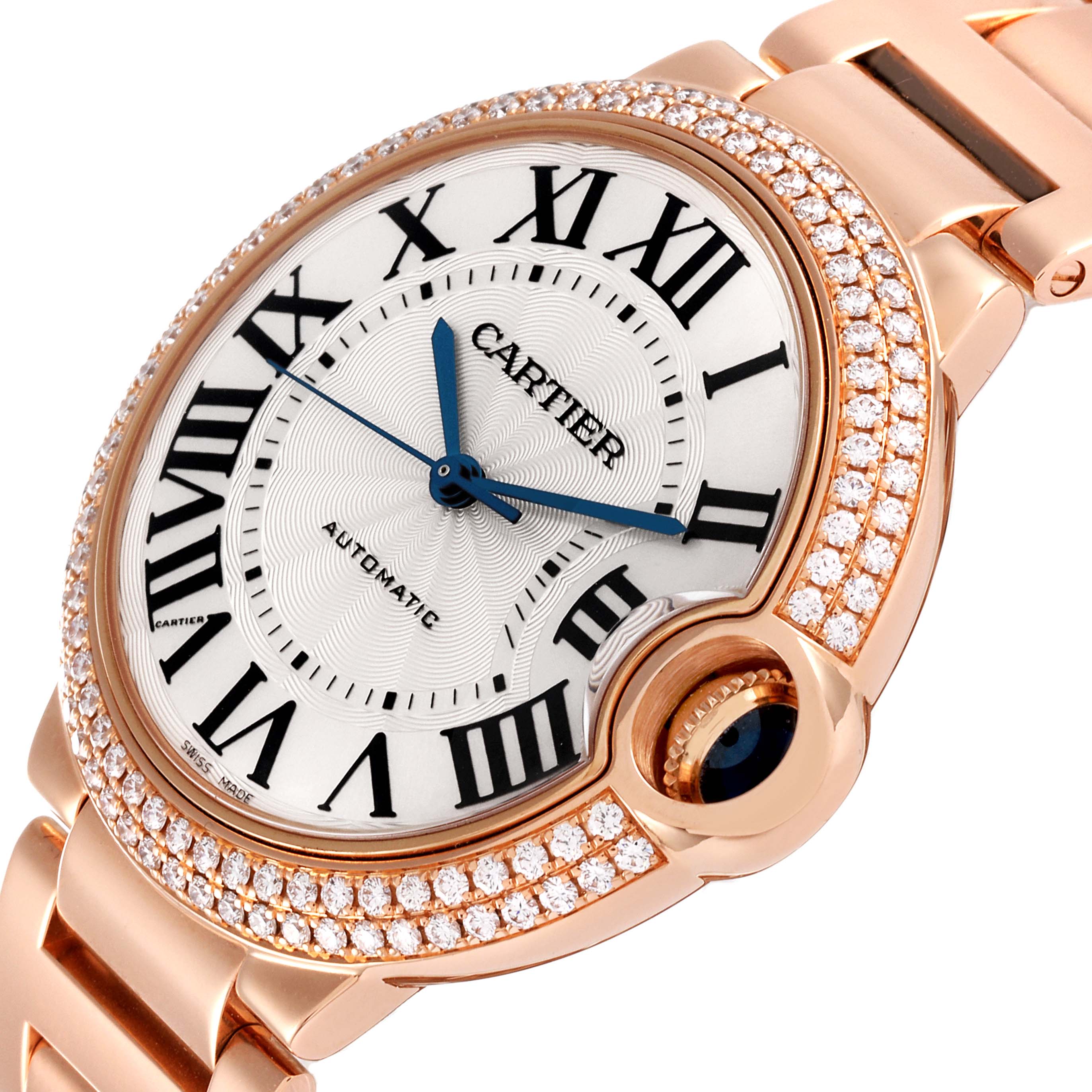 The image shows a close-up, front angle view of the face and part of the bracelet of the Cartier Ballon Bleu WE9005Z3 Men's Rose Gold Silver Dial WE9005Z3 Men's Rose Gold Silver Dial watch.