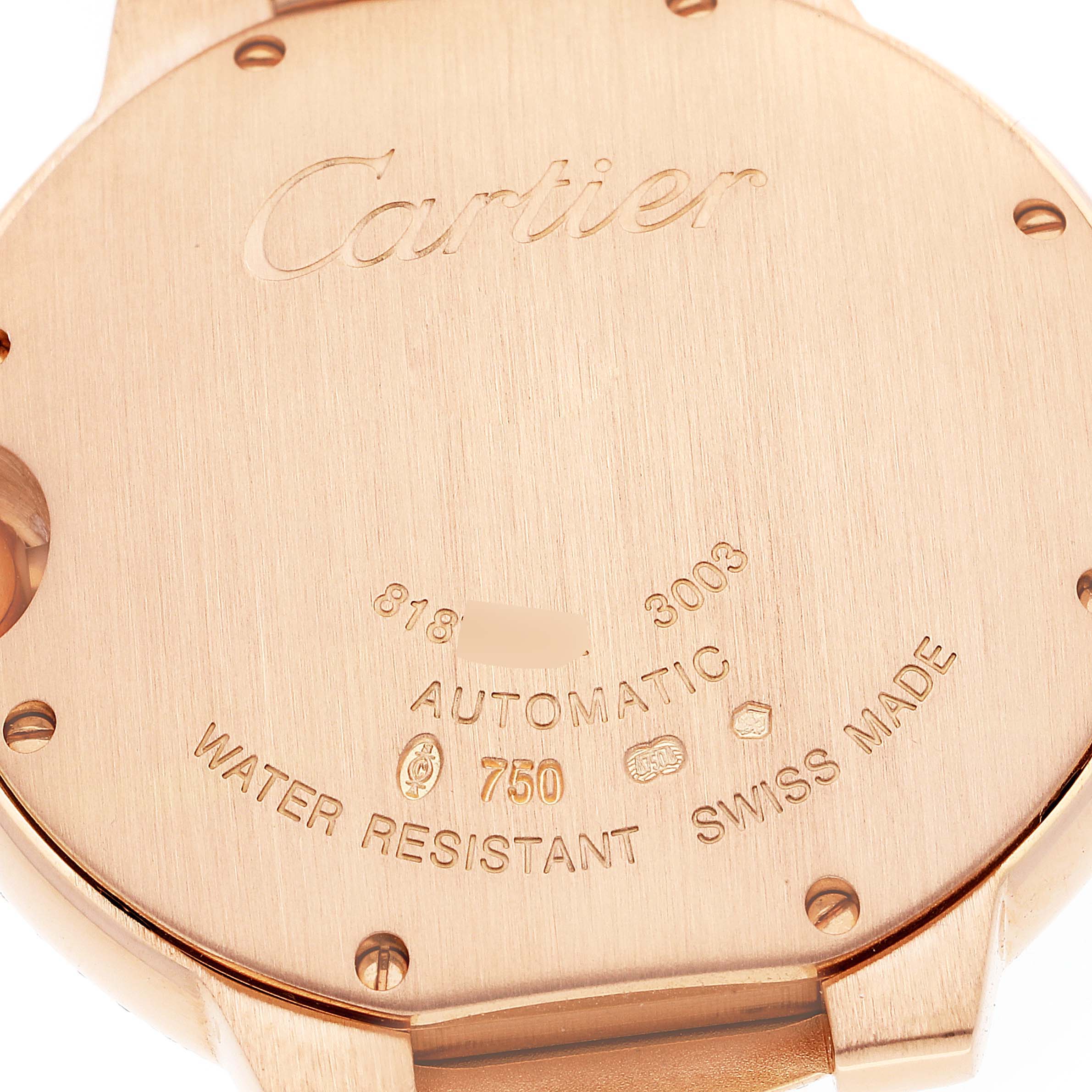 The image shows the back case of the Cartier Ballon Bleu WE9005Z3 Men's Rose Gold Silver Dial WE9005Z3 Men's Rose Gold Silver Dial watch, highlighting engravings and water resistance information.