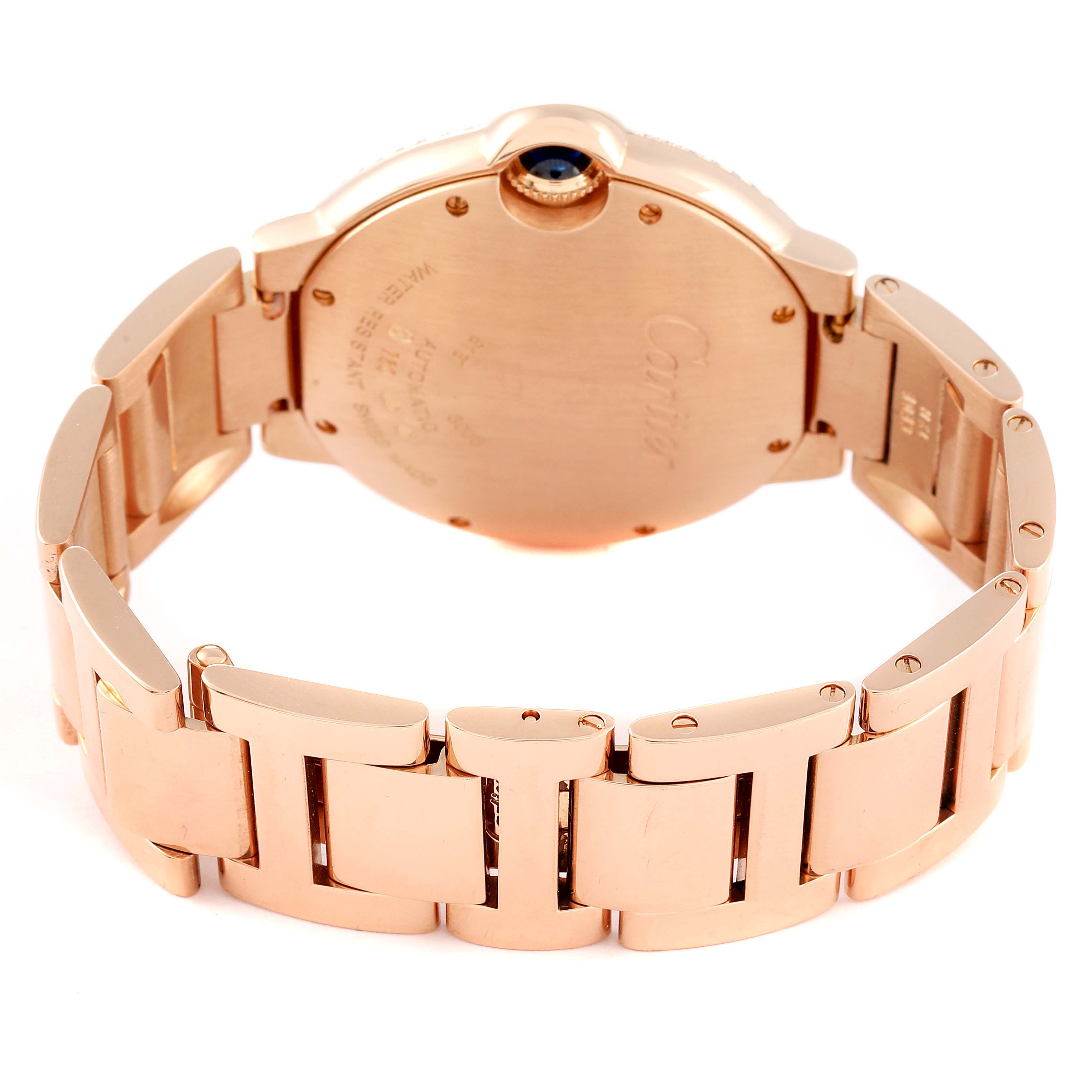 The image shows the back and bracelet of a Cartier Ballon Bleu WE9005Z3 Men's Rose Gold Silver Dial WE9005Z3 Men's Rose Gold Silver Dial watch at a slight incline angle.