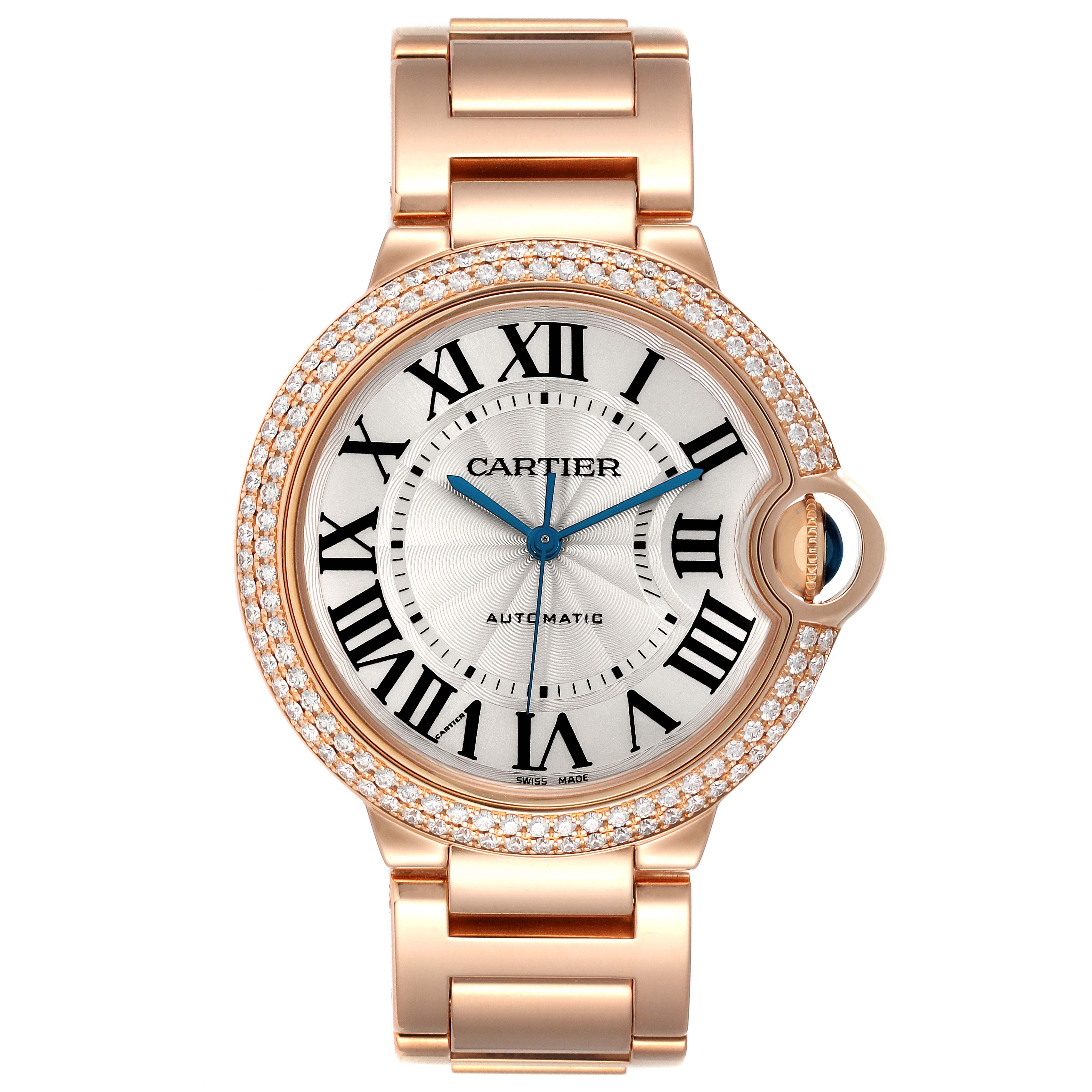 The image shows a front view of a Cartier Ballon Bleu WE9005Z3 Men's Rose Gold Silver Dial WE9005Z3 Men's Rose Gold Silver Dial watch, highlighting its face, bezel, and bracelet.
