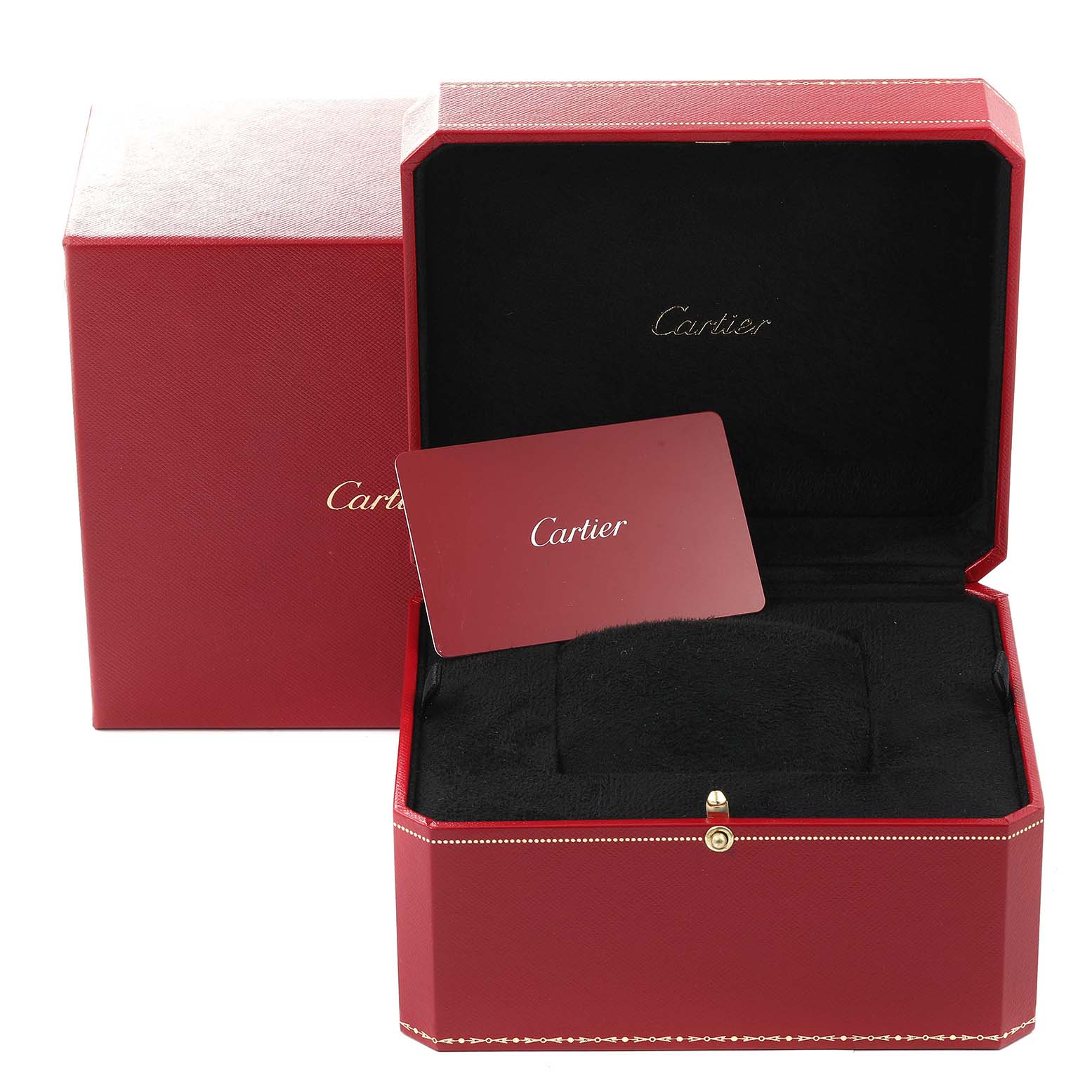 The image shows an open Cartier Ballon Bleu WE9005Z3 Men's Rose Gold Silver Dial WE9005Z3 Men's Rose Gold Silver Dial watch box with a red card beside it.