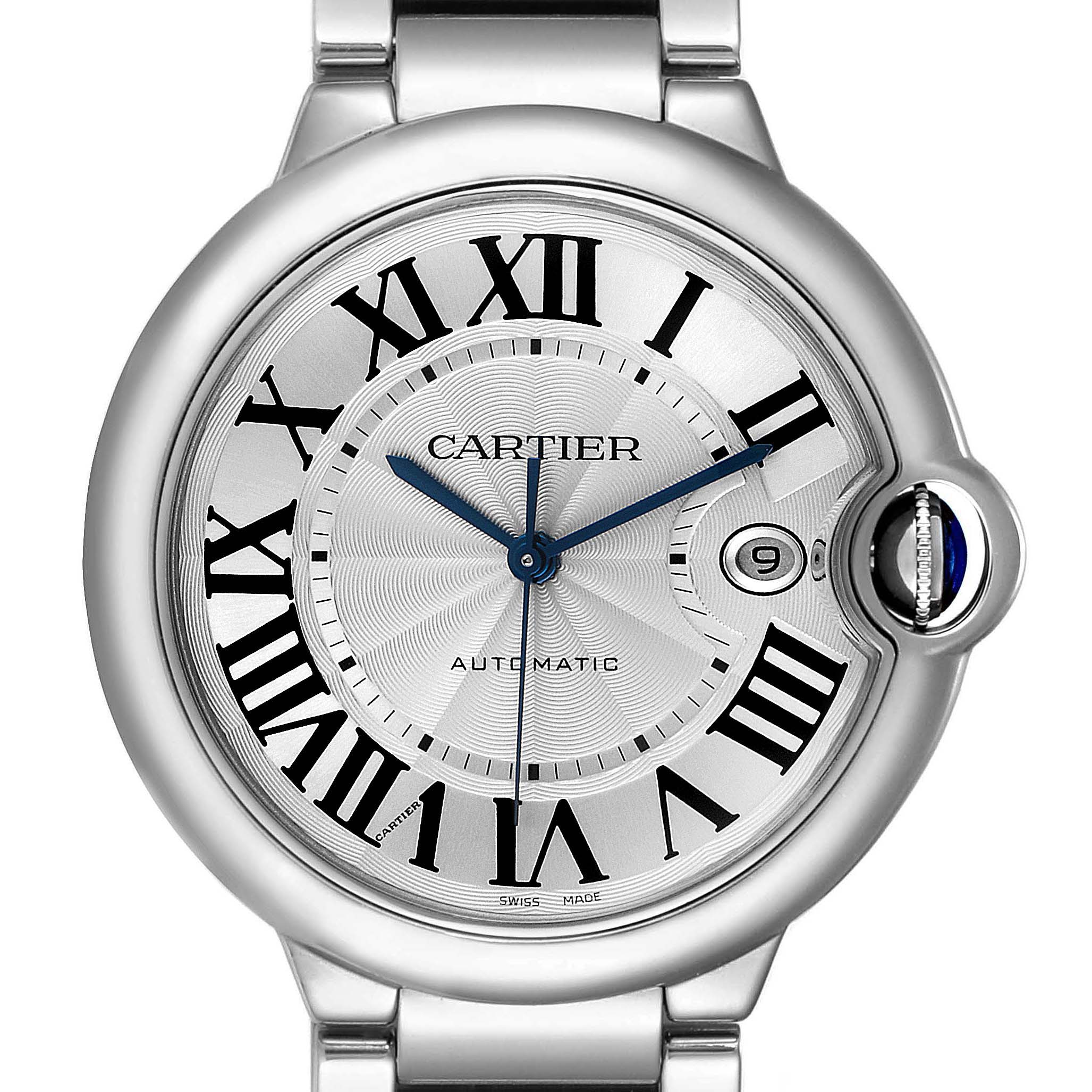The image shows a close-up of the Ballon Bleu de Cartier watch face and part of the bracelet band.