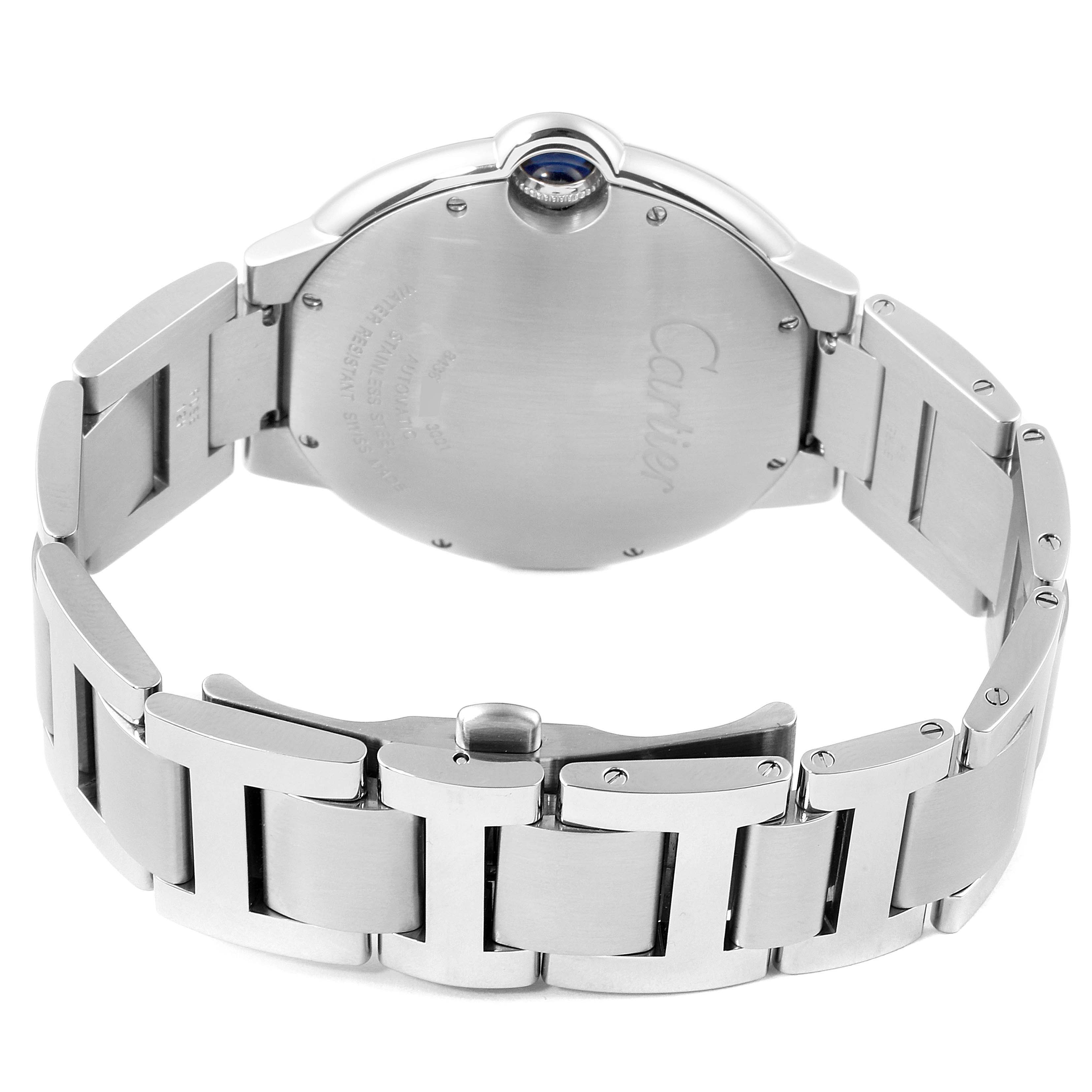 The image shows the back and bracelet of the Cartier Ballon Bleu W69012Z4 Men's Stainless Steel Silver Dial W69012Z4 Men's Stainless Steel Silver Dial watch, displaying its clasp and bracelet links.