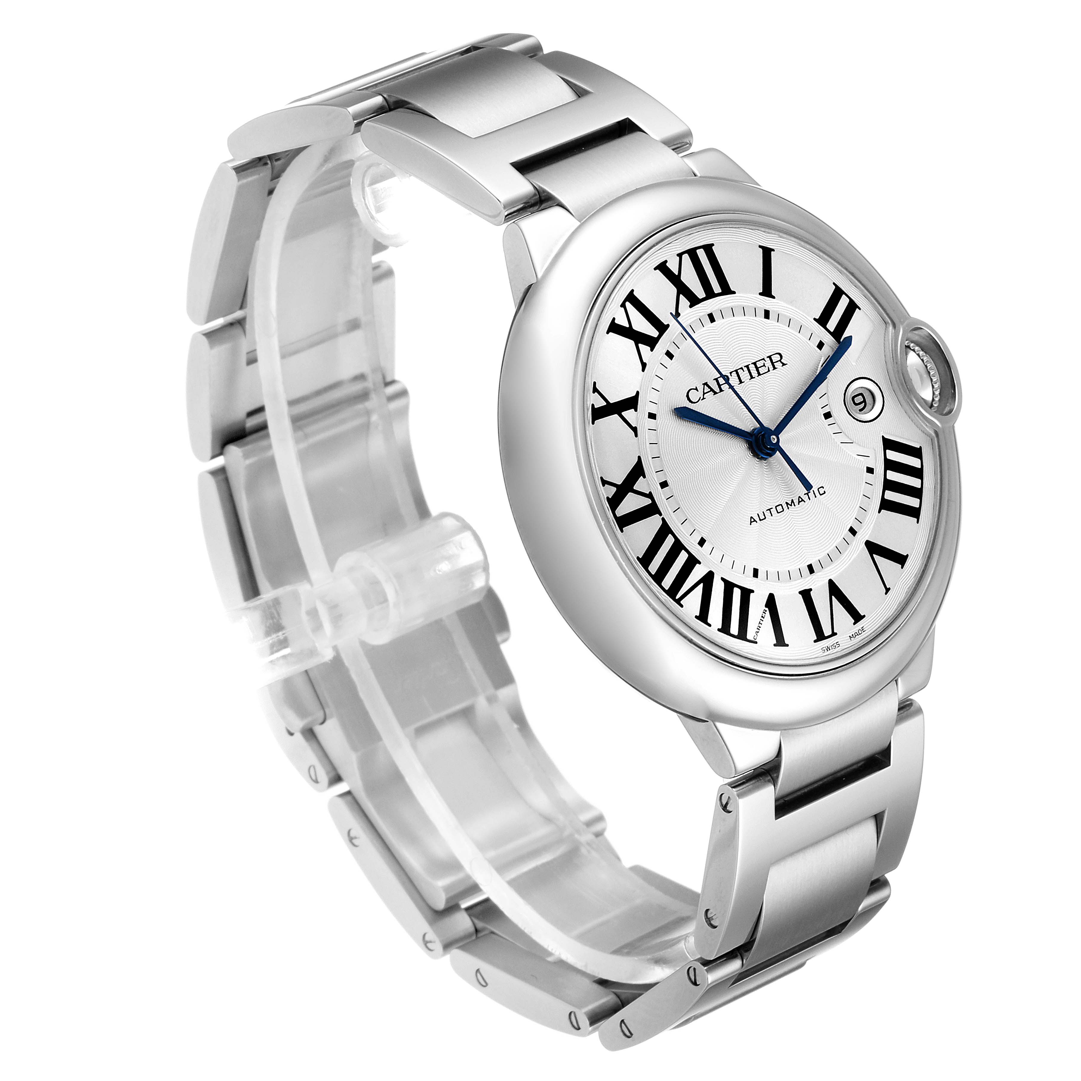 This image shows a side and front angle of the Cartier Ballon Bleu W69012Z4 Men's Stainless Steel Silver Dial W69012Z4 Men's Stainless Steel Silver Dial watch, highlighting its dial, bracelet, and crown.