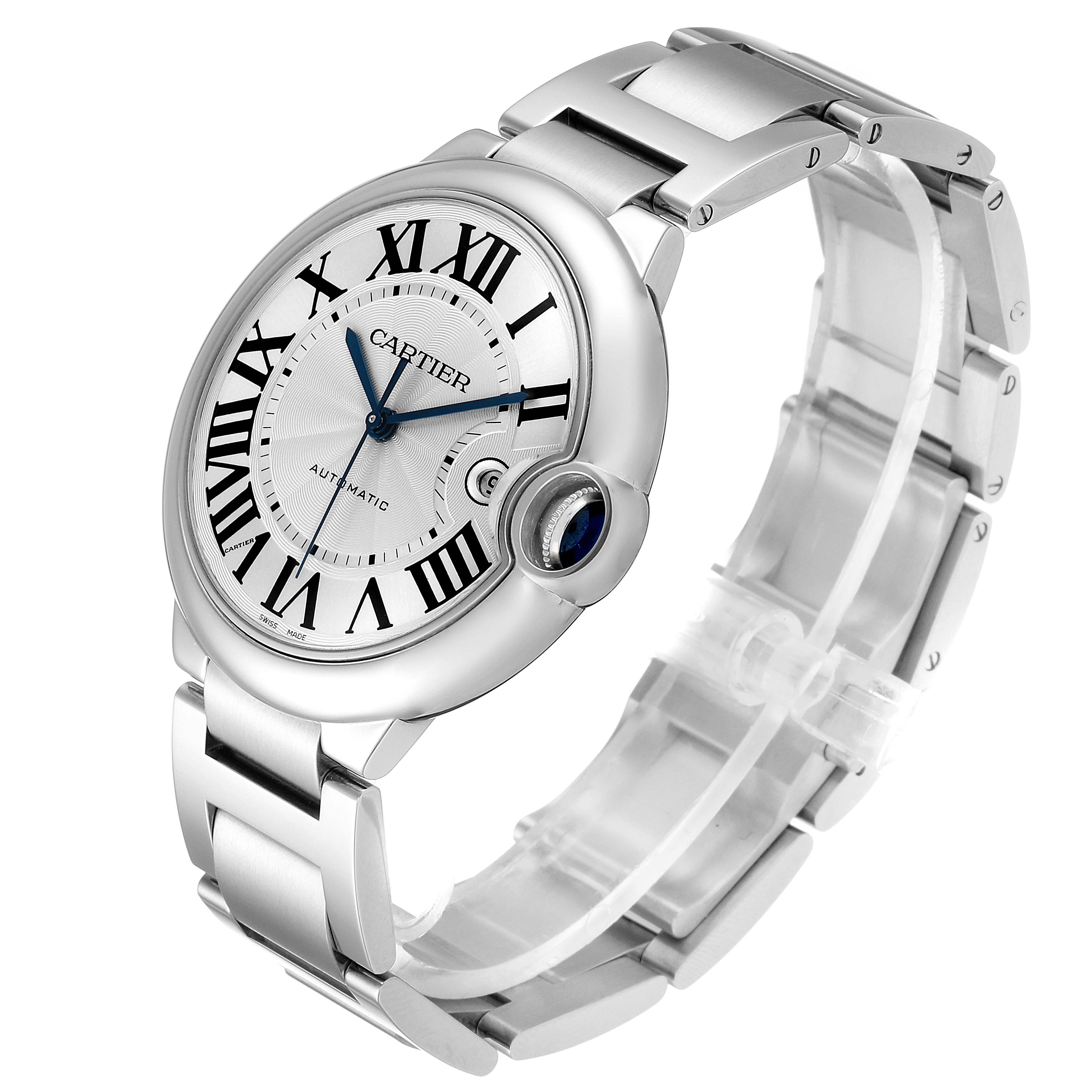 The image shows a Ballon Bleu de Cartier watch at a three-quarter angle, highlighting its face, bezel, and stainless steel bracelet.