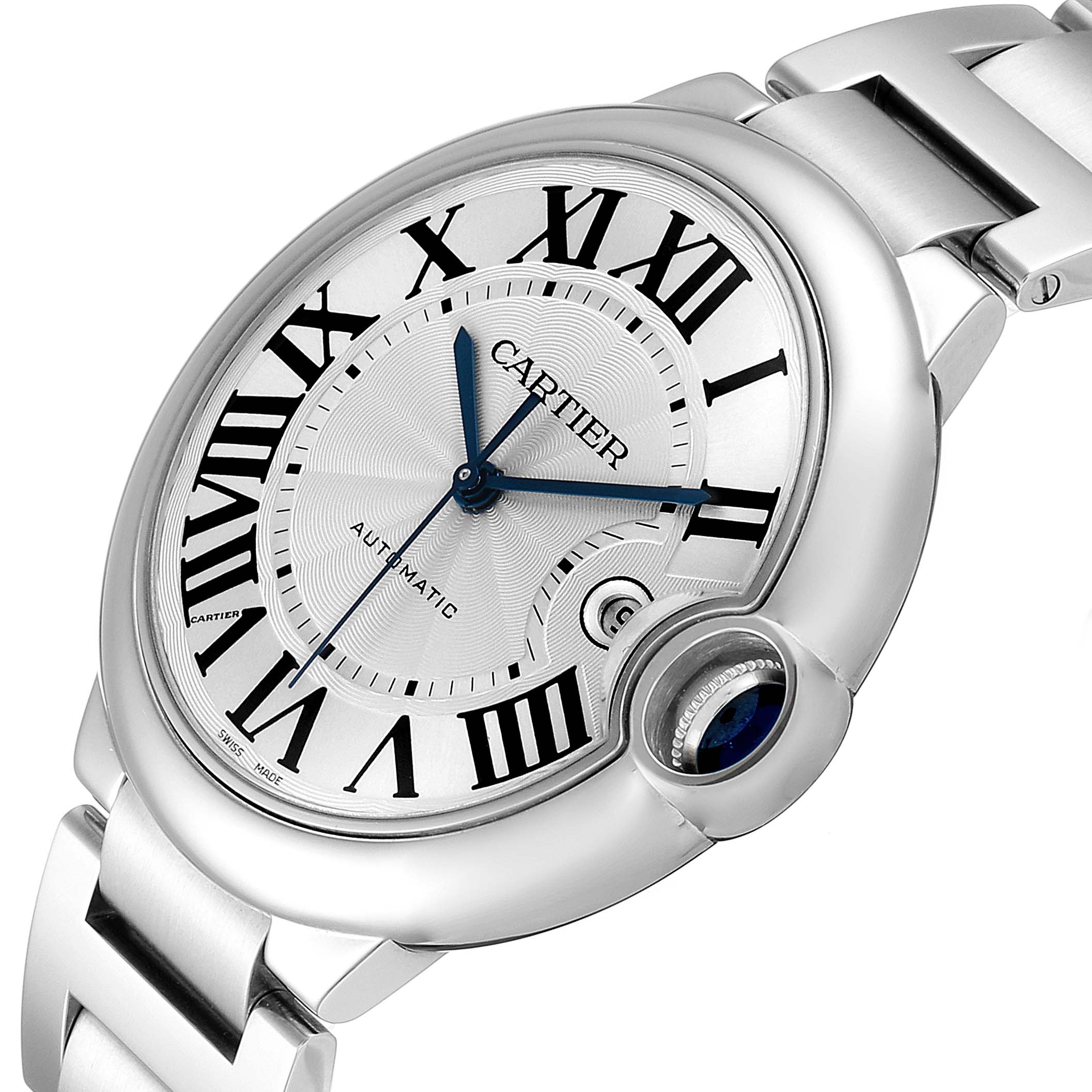 This image shows a close-up of the Cartier Ballon Bleu W69012Z4 Men's Stainless Steel Silver Dial W69012Z4 Men's Stainless Steel Silver Dial watch, highlighting the face, Roman numerals, and part of the metal bracelet.