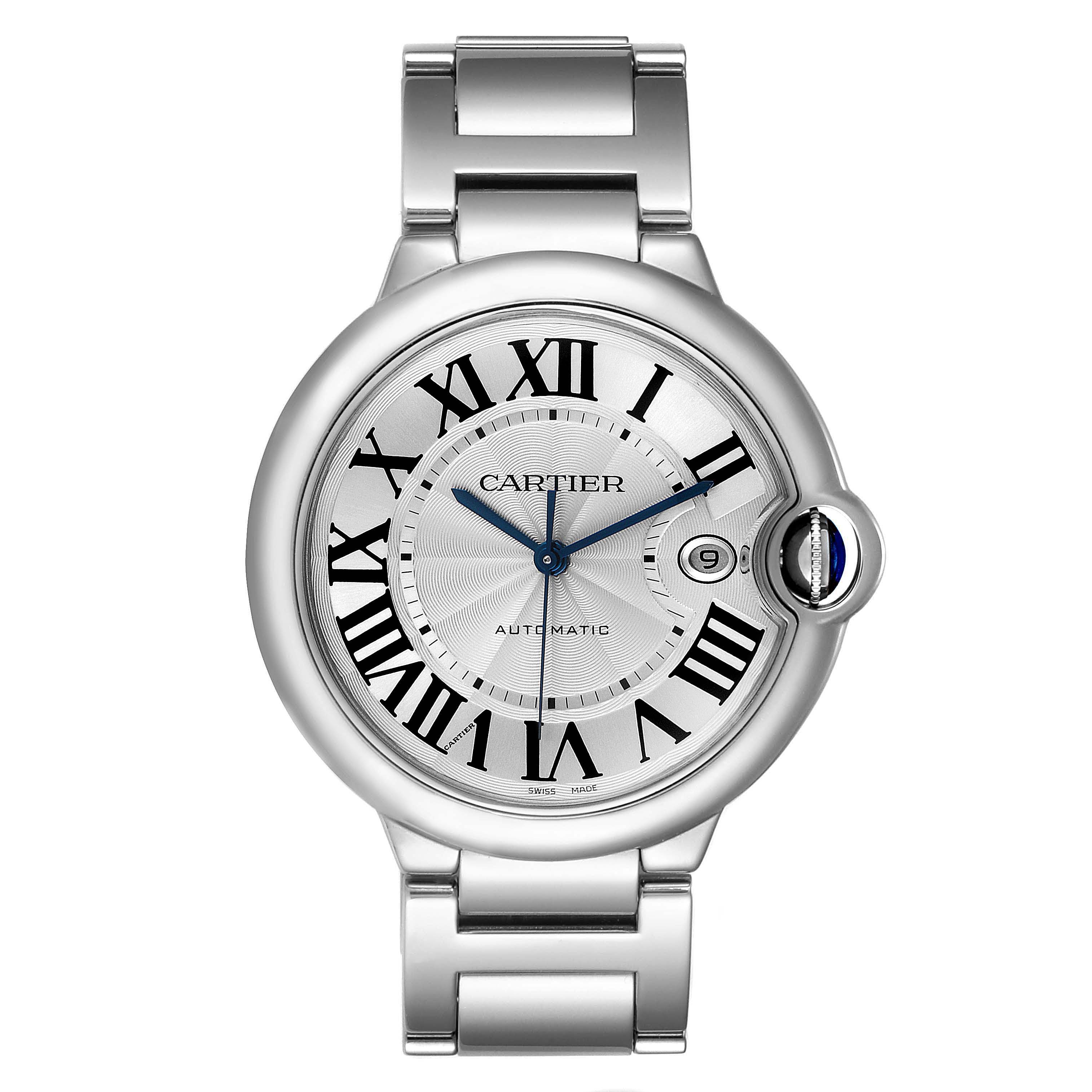 The image shows a front view of the Cartier Ballon Bleu W69012Z4 Men's Stainless Steel Silver Dial W69012Z4 Men's Stainless Steel Silver Dial model watch displaying its dial, hands, crown, and bracelet.