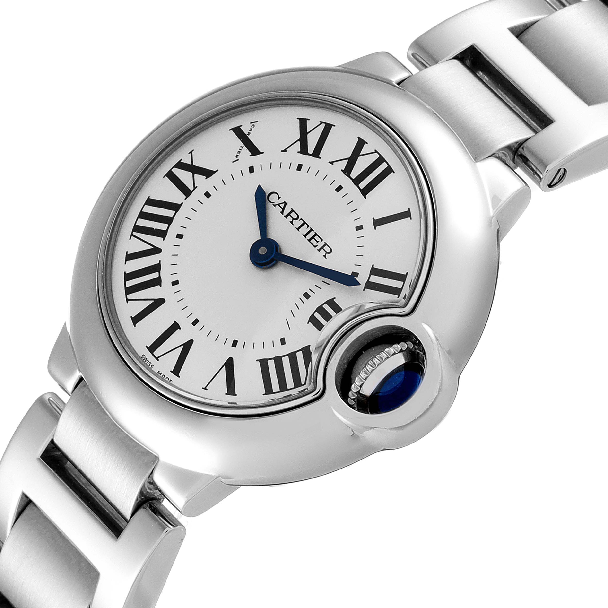 The image shows a close-up of the Cartier Ballon Bleu W69010Z4 Women's Stainless Steel Silver Dial W69010Z4 Women's Stainless Steel Silver Dial watch, highlighting the dial, bezel, and part of the metal bracelet.