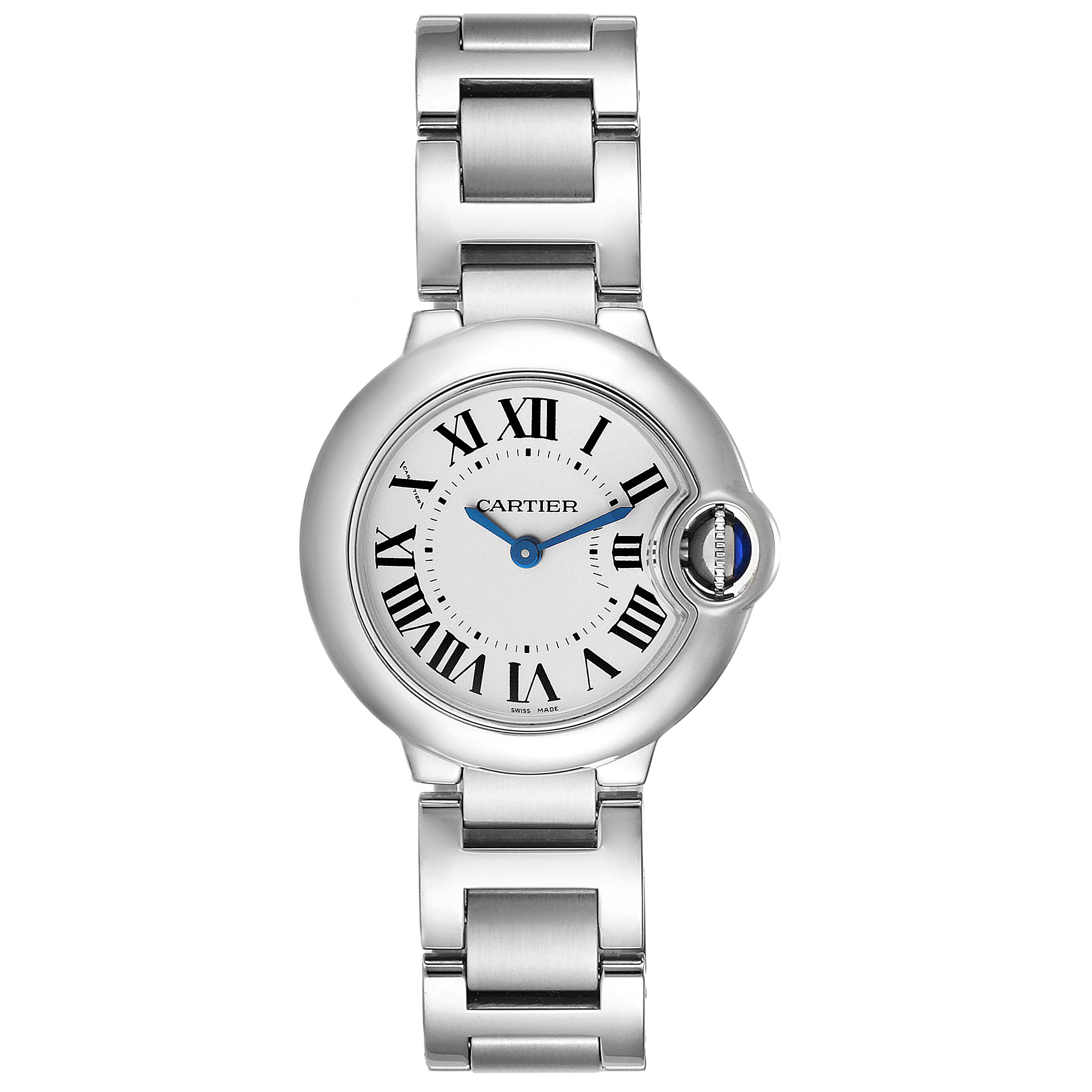 The image shows a frontal view of a Cartier Ballon Bleu W69010Z4 Women's Stainless Steel Silver Dial W69010Z4 Women's Stainless Steel Silver Dial watch displaying its face, bracelet, and crown.