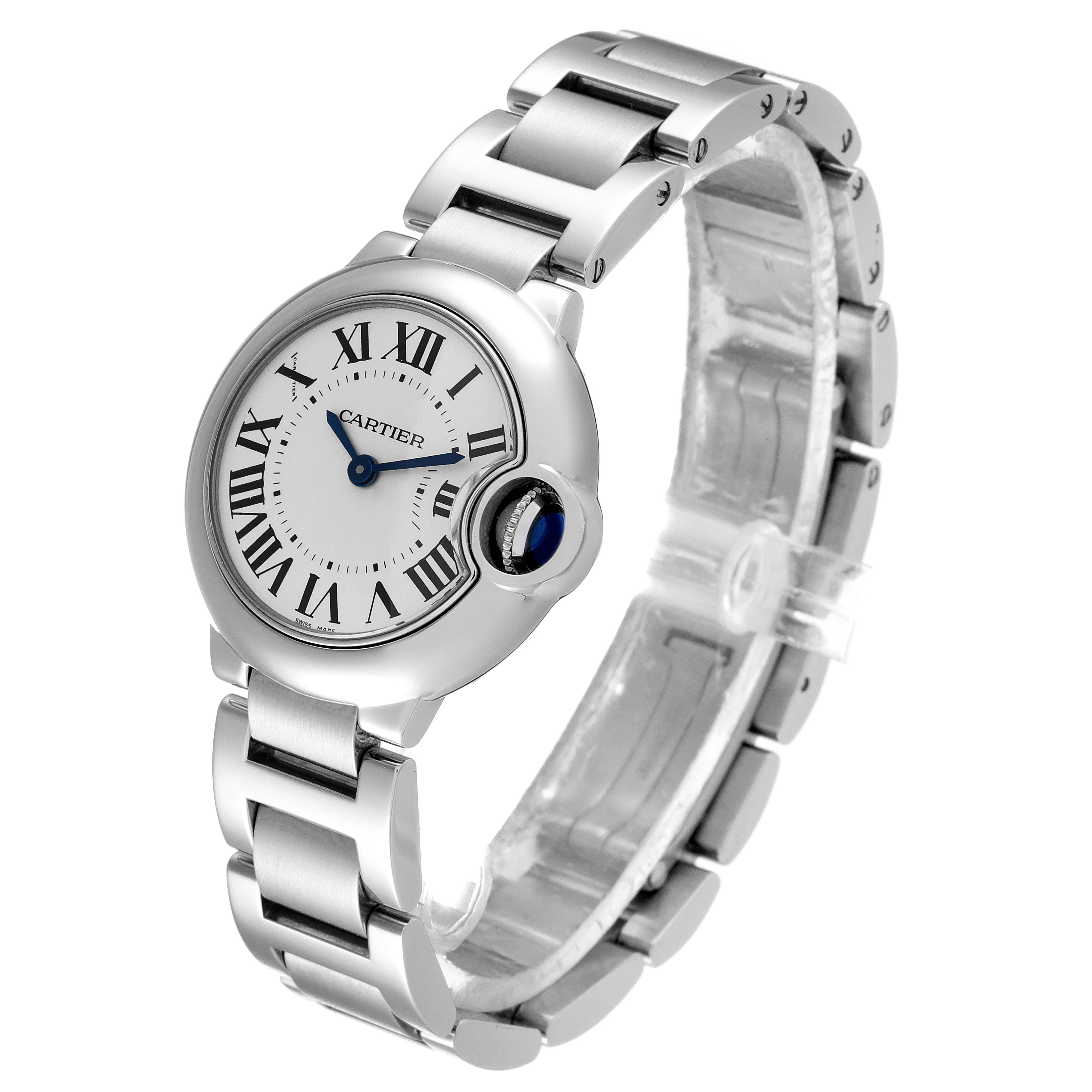 The image shows a side angle of the Cartier Ballon Bleu W69010Z4 Women's Stainless Steel Silver Dial W69010Z4 Women's Stainless Steel Silver Dial watch, highlighting its face, bracelet, and crown.