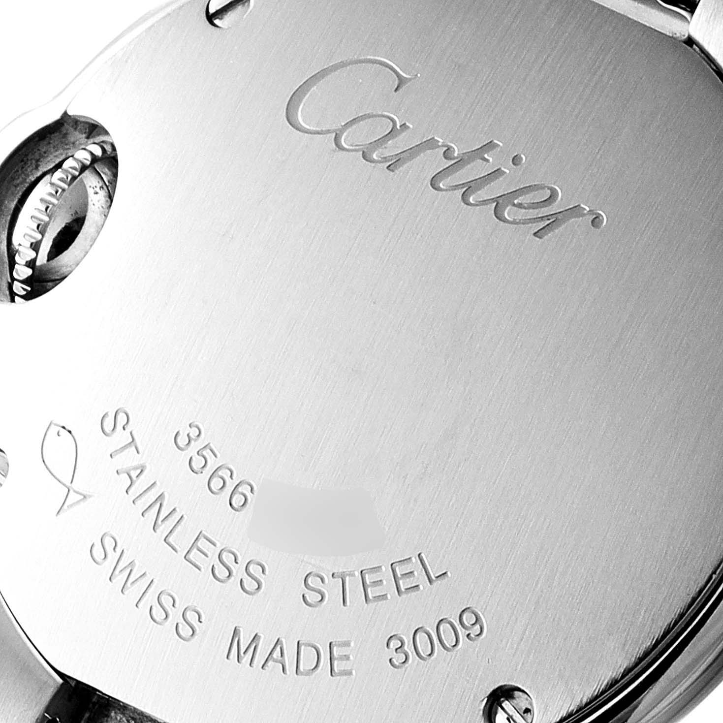 This image shows the stainless steel back casing and part of the crown of the Cartier Ballon Bleu W69010Z4 Women's Stainless Steel Silver Dial W69010Z4 Women's Stainless Steel Silver Dial watch, highlighting the brand engraving.