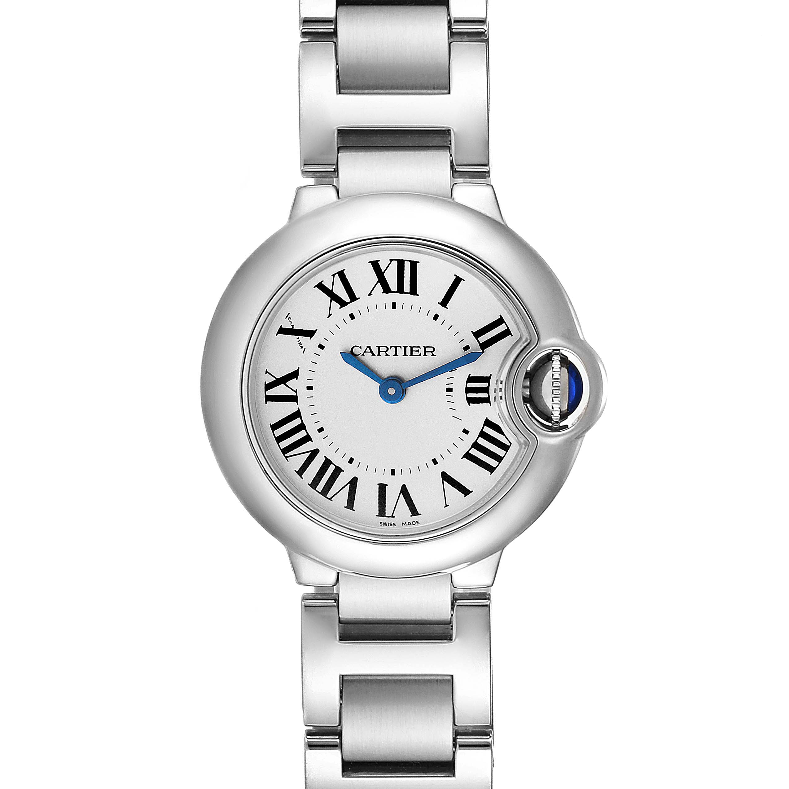 The Cartier Ballon Bleu W69010Z4 Women's Stainless Steel Silver Dial W69010Z4 Women's Stainless Steel Silver Dial watch is shown from a top-down angle, displaying the entire face and part of the metal bracelet.