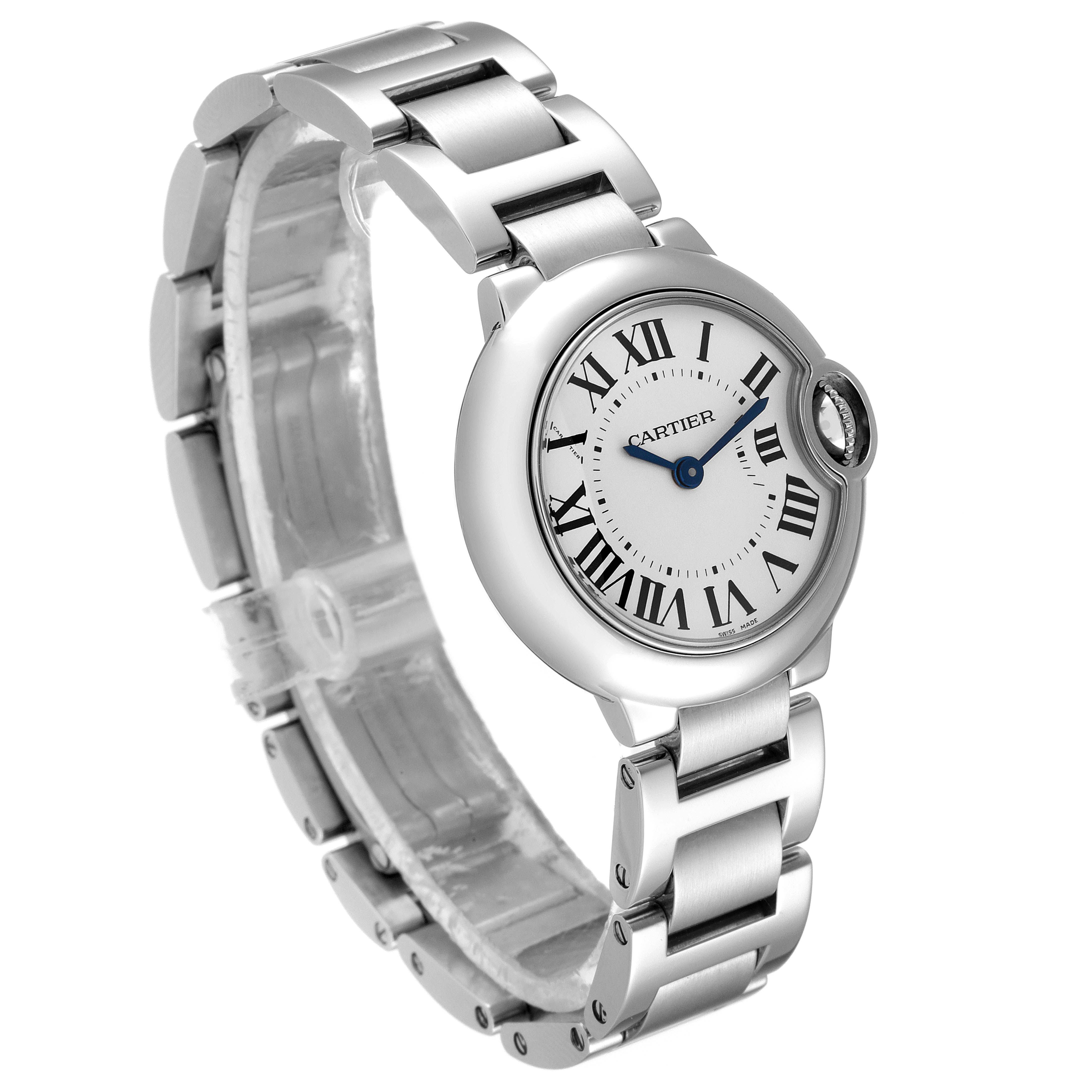 The image shows a side view of the Cartier Ballon Bleu W69010Z4 Women's Stainless Steel Silver Dial W69010Z4 Women's Stainless Steel Silver Dial watch, displaying the face, dial, bracelet, and crown.