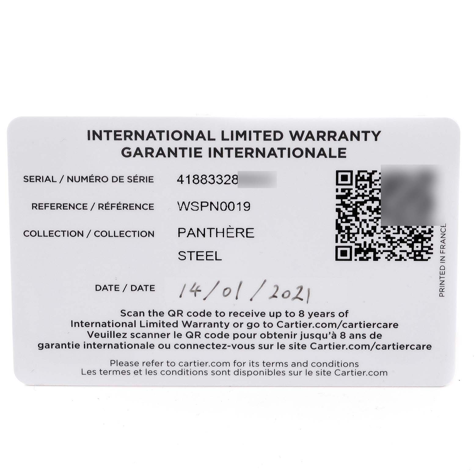 This is a top view of the international limited warranty card for the Cartier Panthere WSPN0019 Women
s Stainless Steel Silver Dial WSPN0019 Women
s Stainless Steel Silver Dial model watch.