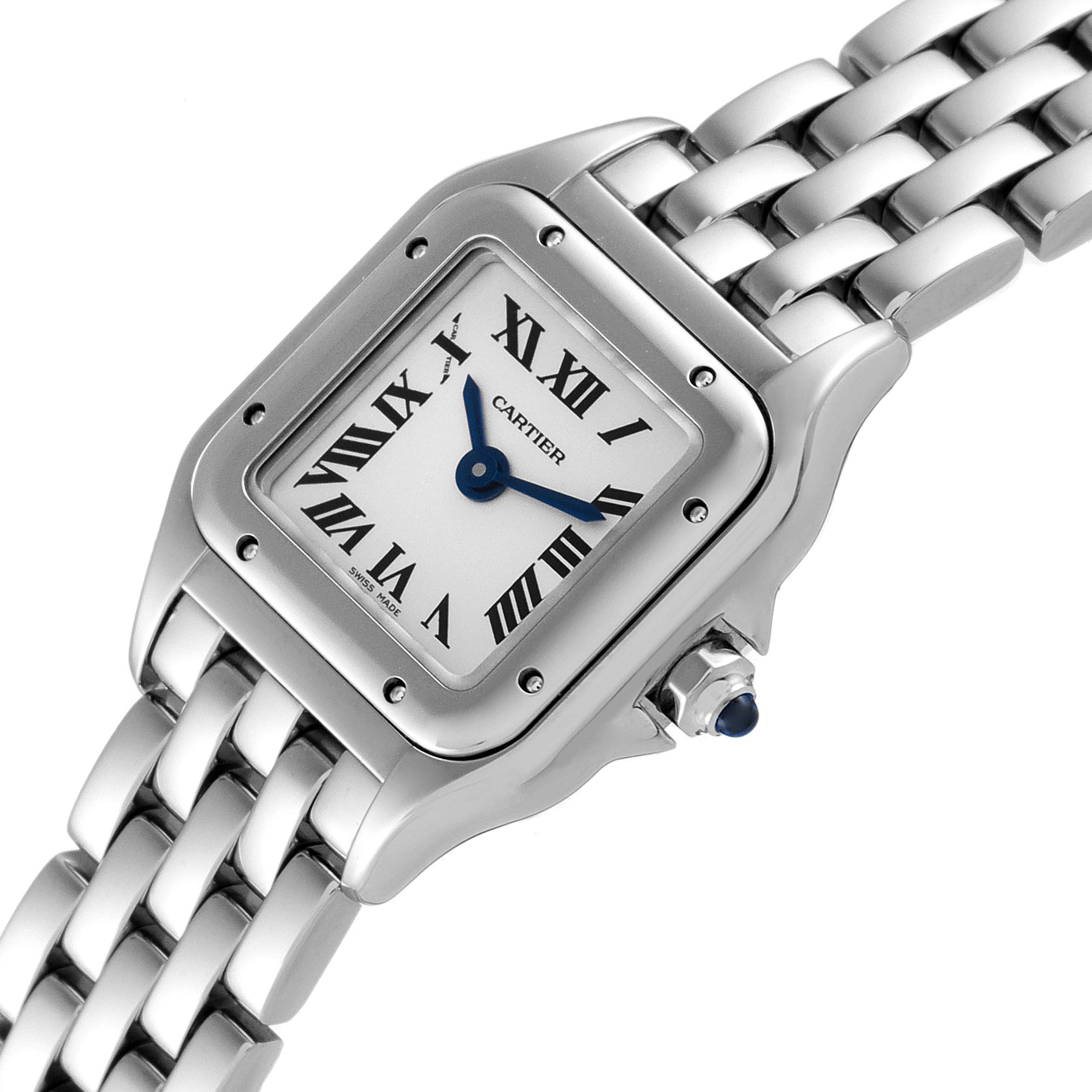The Panthere de Cartier watch is shown at an angled close-up, featuring its dial, bracelet, and crown.
