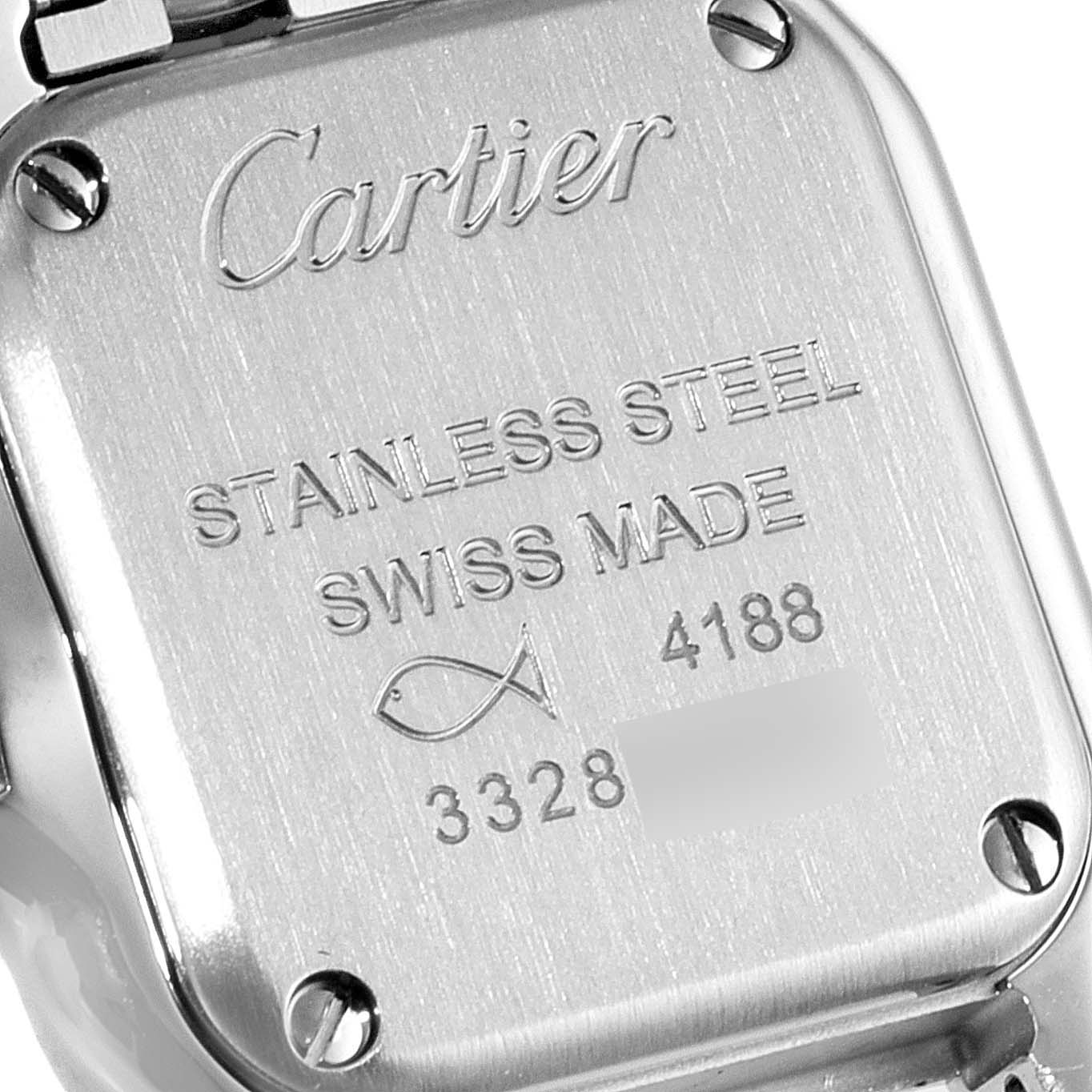 The image shows the case back of a Cartier Panthere WSPN0019 Women
s Stainless Steel Silver Dial WSPN0019 Women
s Stainless Steel Silver Dial watch, highlighting the model details and branding.