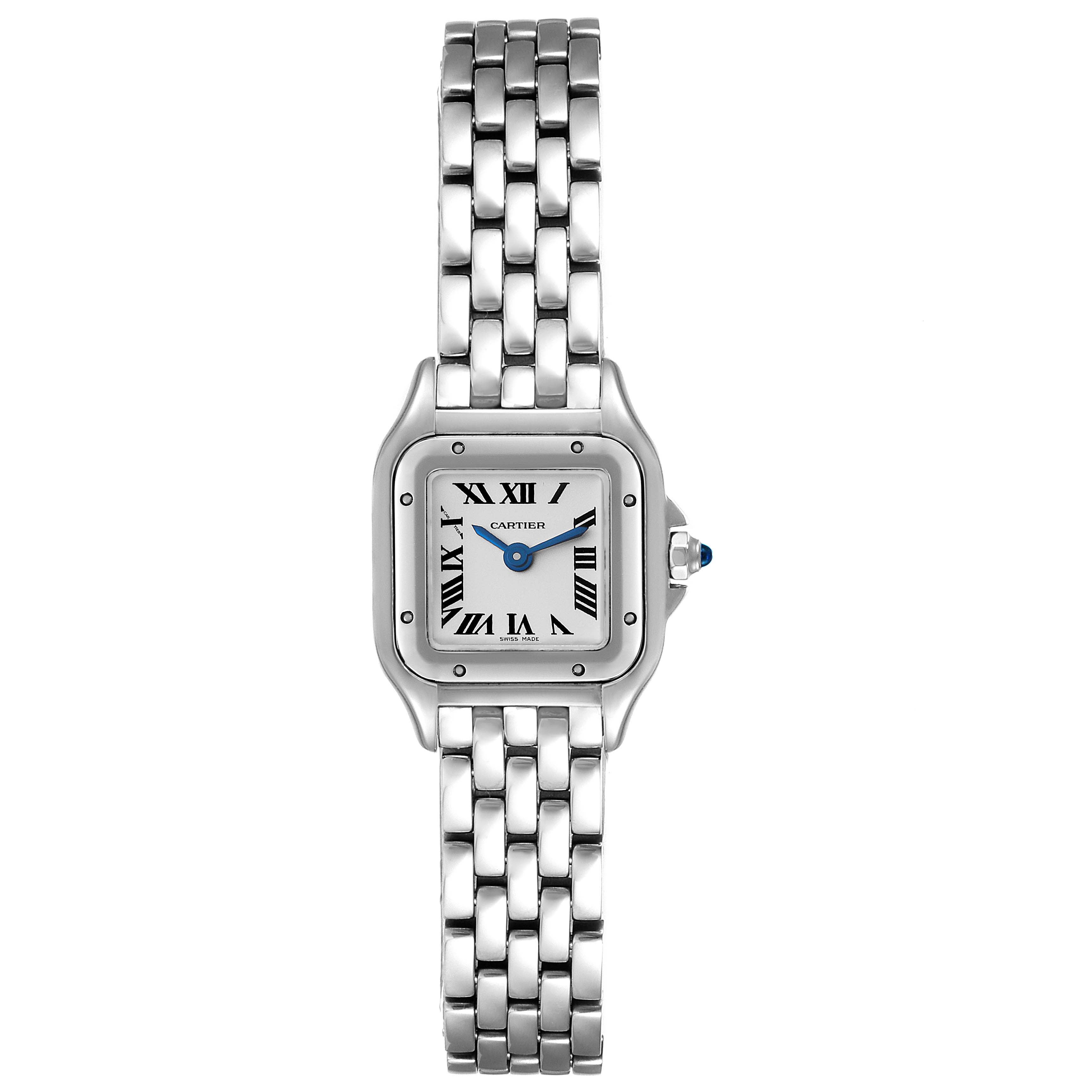 The image shows a front view of the Cartier Panthere WSPN0019 Women
s Stainless Steel Silver Dial WSPN0019 Women
s Stainless Steel Silver Dial watch, displaying its face and stainless steel bracelet.
