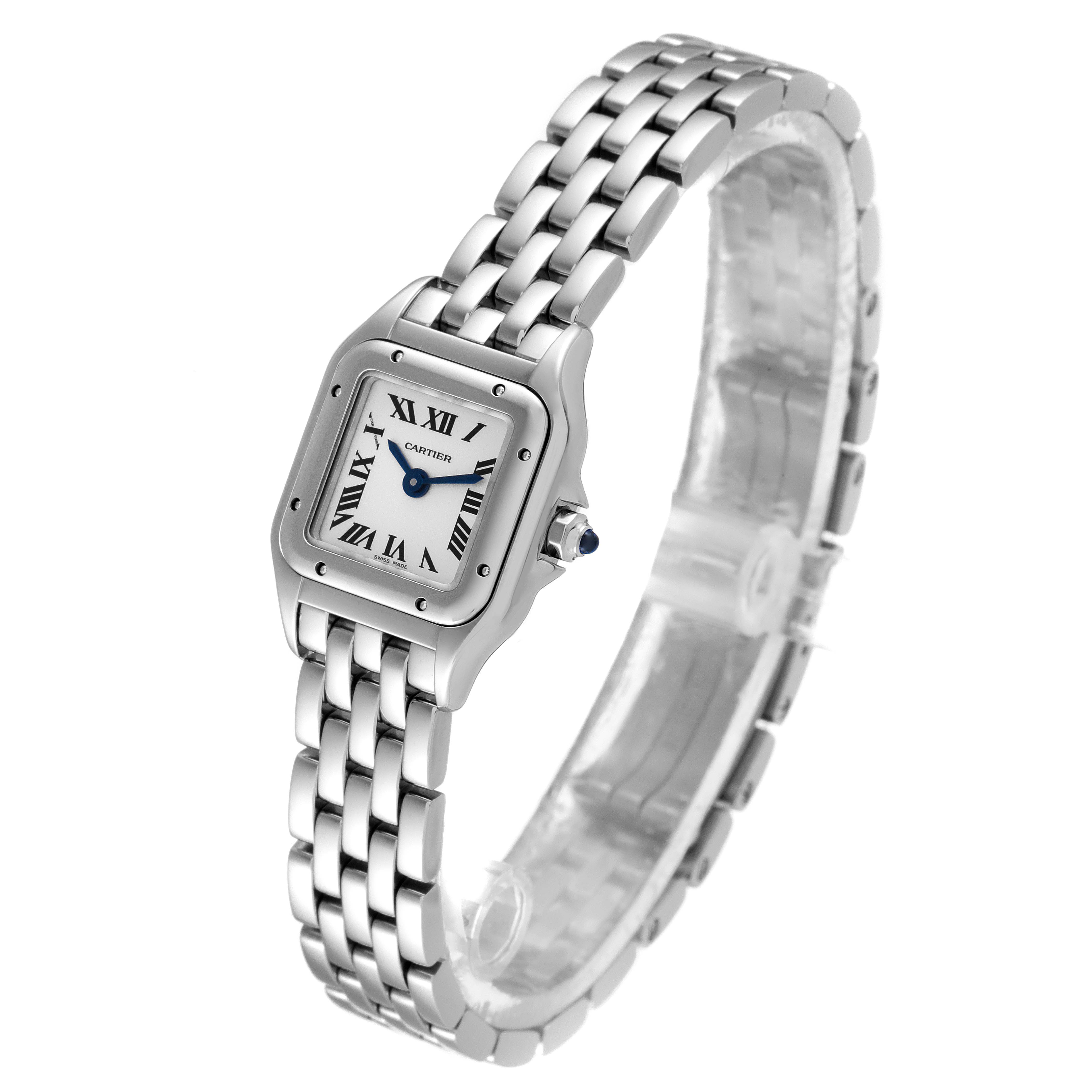 This image shows the Cartier Panthere WSPN0019 Women
s Stainless Steel Silver Dial WSPN0019 Women
s Stainless Steel Silver Dial watch at a three-quarter angle, highlighting its dial and stainless steel bracelet.