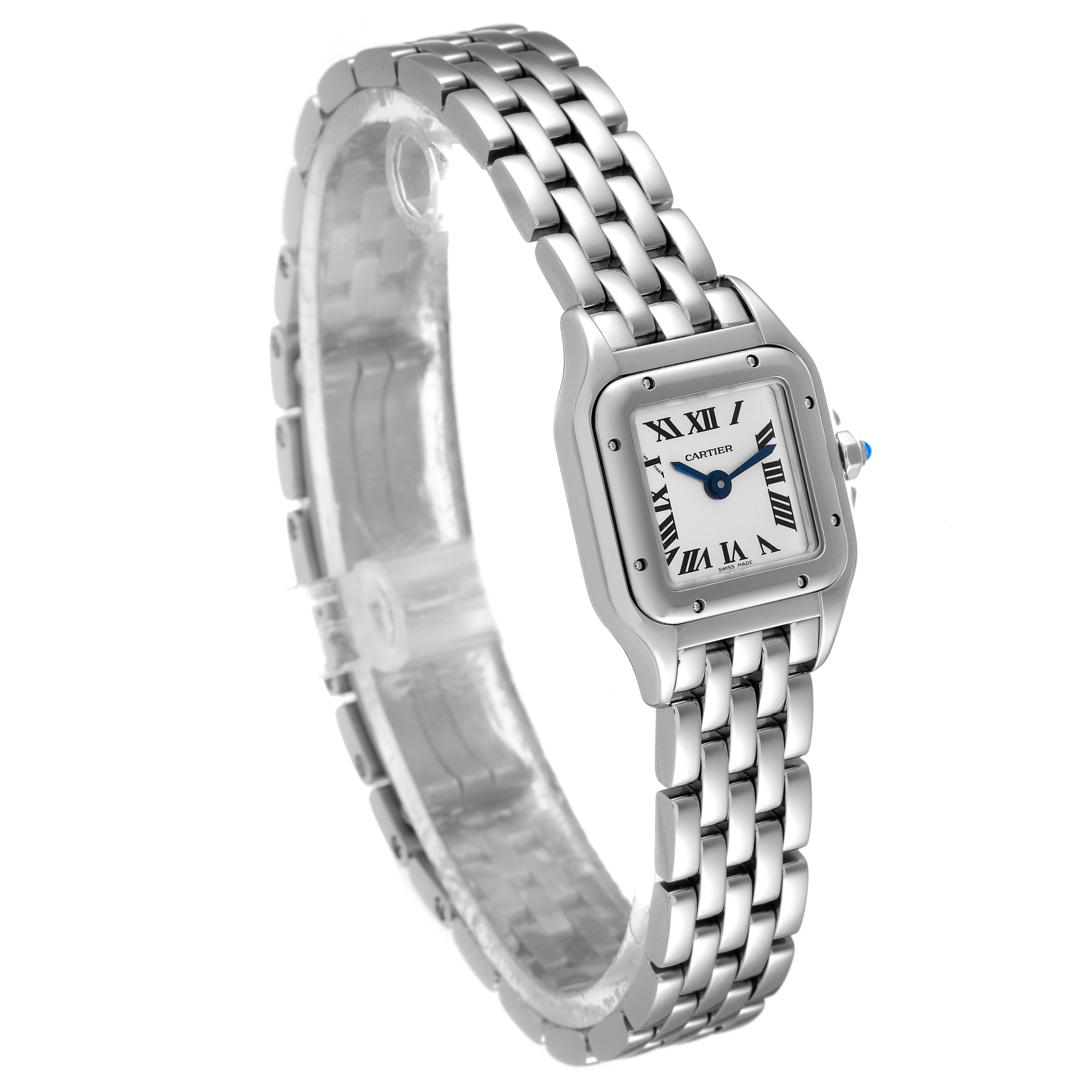 The image shows a front-side view of a Cartier Panthere WSPN0019 Women
s Stainless Steel Silver Dial WSPN0019 Women
s Stainless Steel Silver Dial model watch, highlighting its rectangular face and linked bracelet.