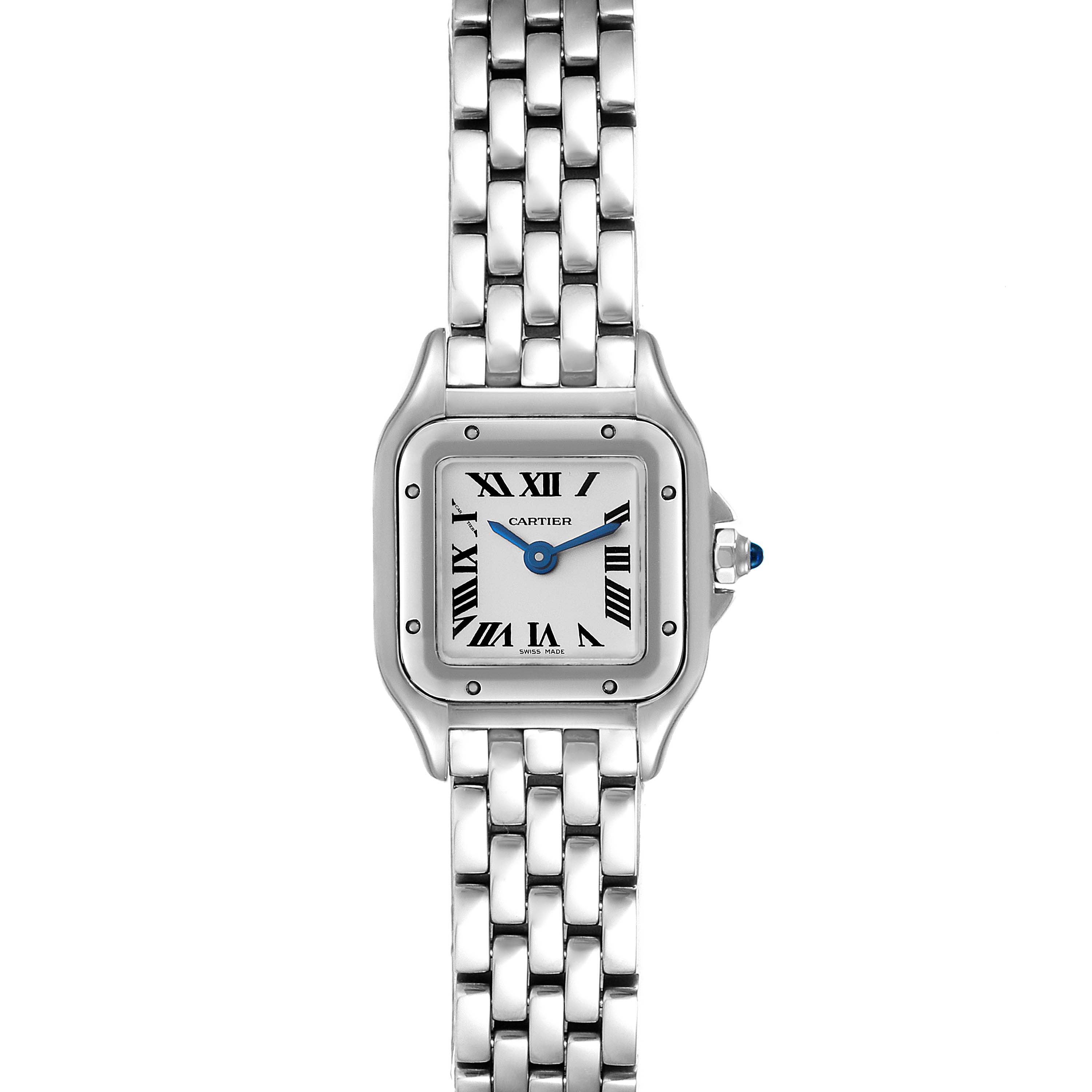The Cartier Panthere WSPN0019 Women
s Stainless Steel Silver Dial WSPN0019 Women
s Stainless Steel Silver Dial watch is shown from a front view, displaying its square face with Roman numerals and a metal link bracelet.