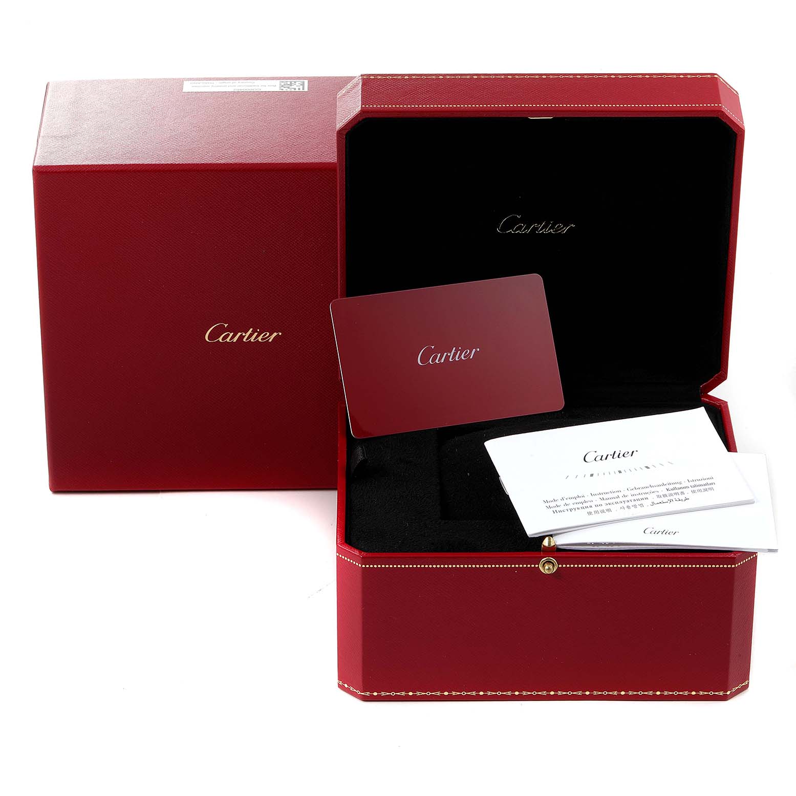 The image shows the Cartier Panthere WSPN0019 Women
s Stainless Steel Silver Dial WSPN0019 Women
s Stainless Steel Silver Dial model
s red watch box, cards, and user manual.