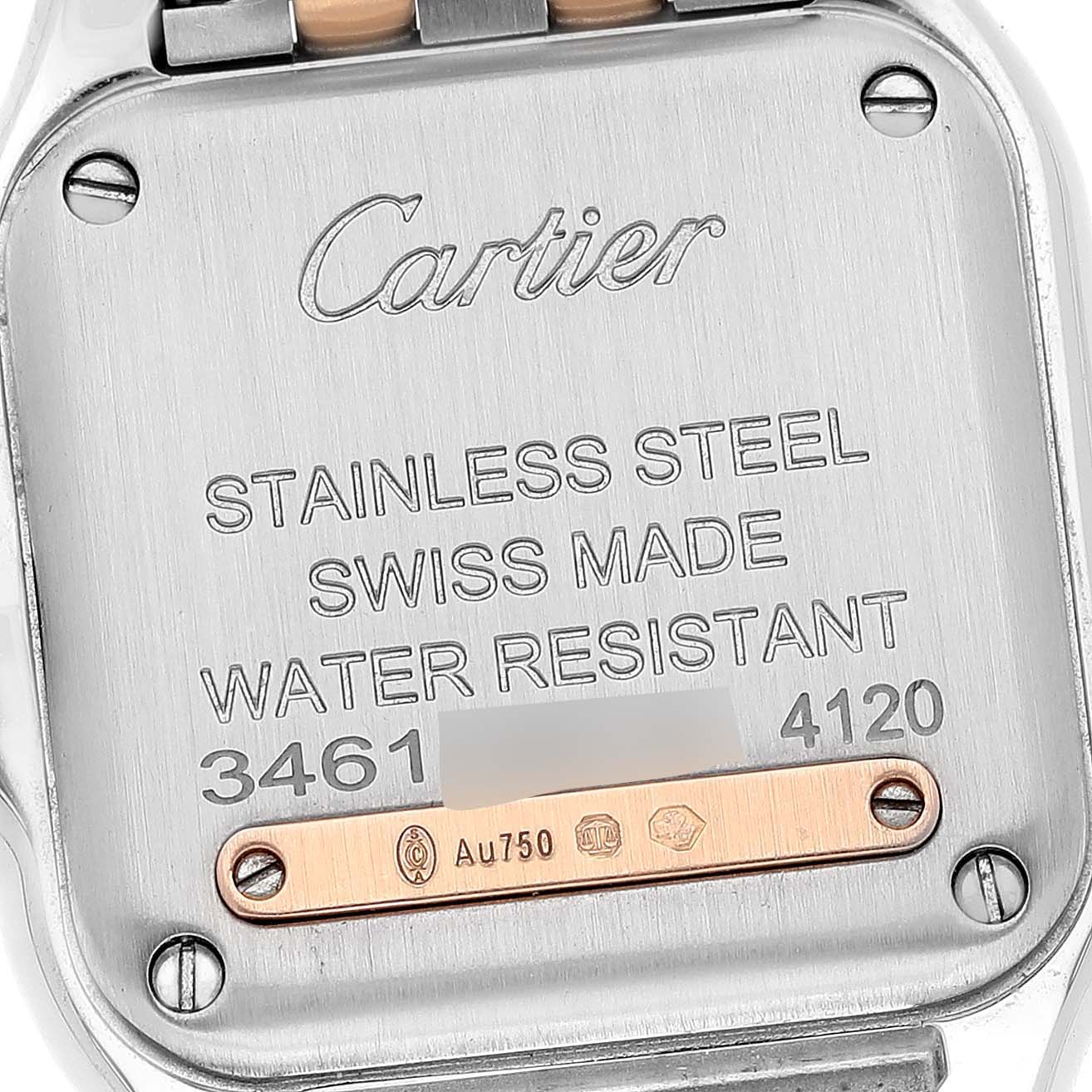 This image shows the back case of a Cartier Panthere W3PN0006 Women's Steel and Gold (two tone) Silver Dial W3PN0006 Women's Steel and Gold (two tone) Silver Dial watch, highlighting details like material and model numbers.