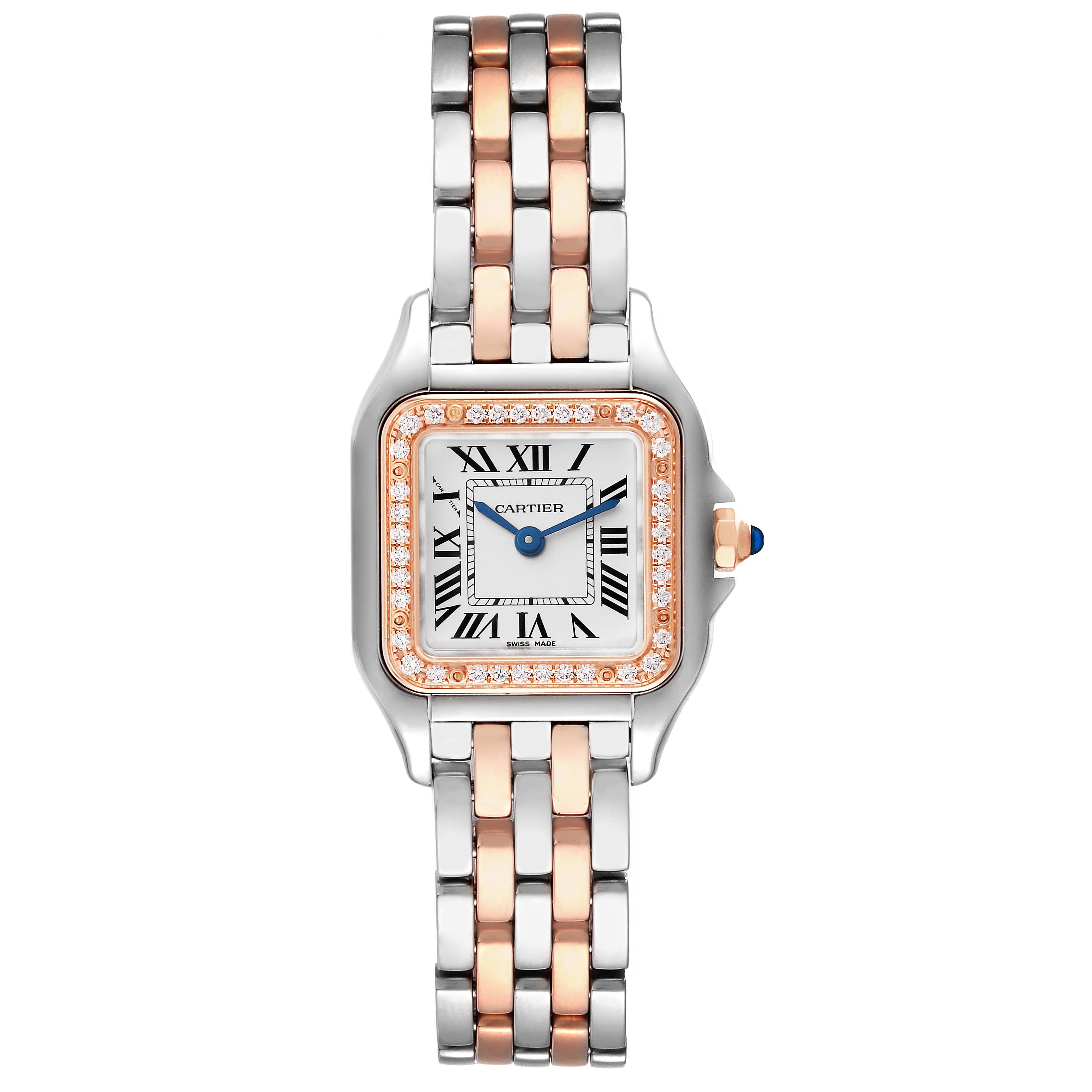 The image shows a frontal view of a Cartier Panthere W3PN0006 Women's Steel and Gold (two tone) Silver Dial W3PN0006 Women's Steel and Gold (two tone) Silver Dial watch, featuring a two-tone bracelet and a diamond-set bezel.