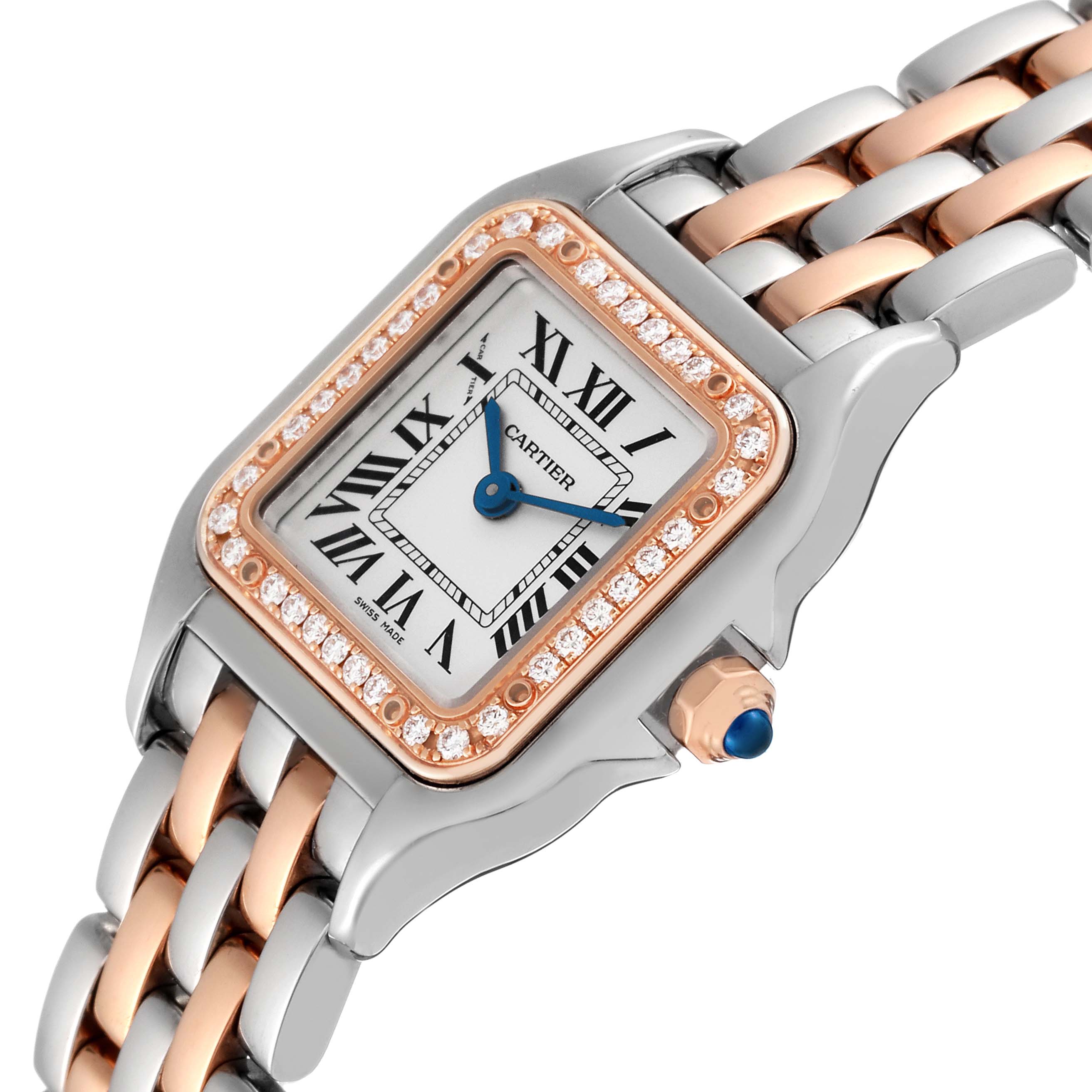 The image shows a zoomed angle of the Cartier Panthère watch, highlighting the face, two-tone band, and diamond-accented bezel.