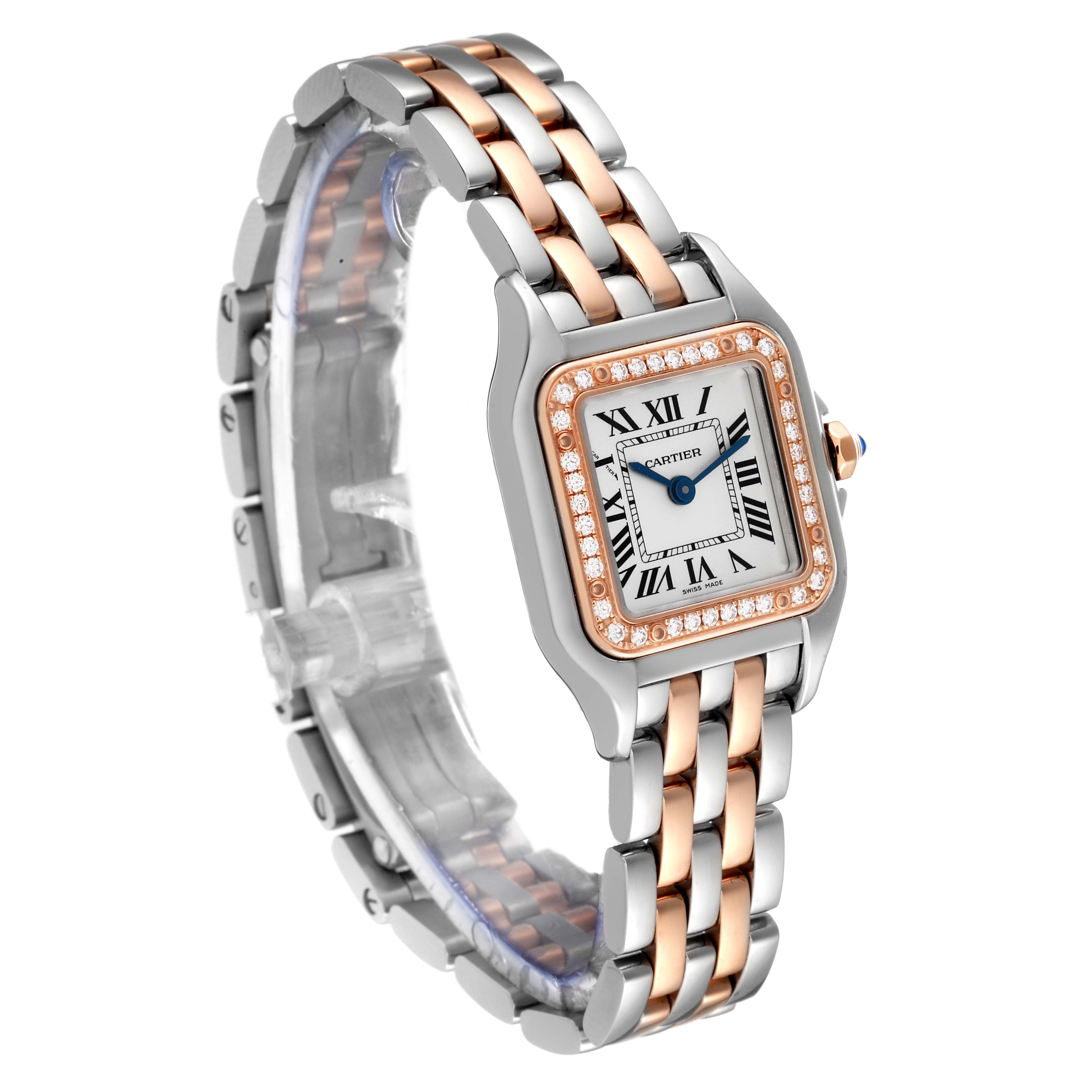 The image shows a Cartier Panthère watch at a three-quarter angle, highlighting its dial, bezel, and bicolor bracelet.