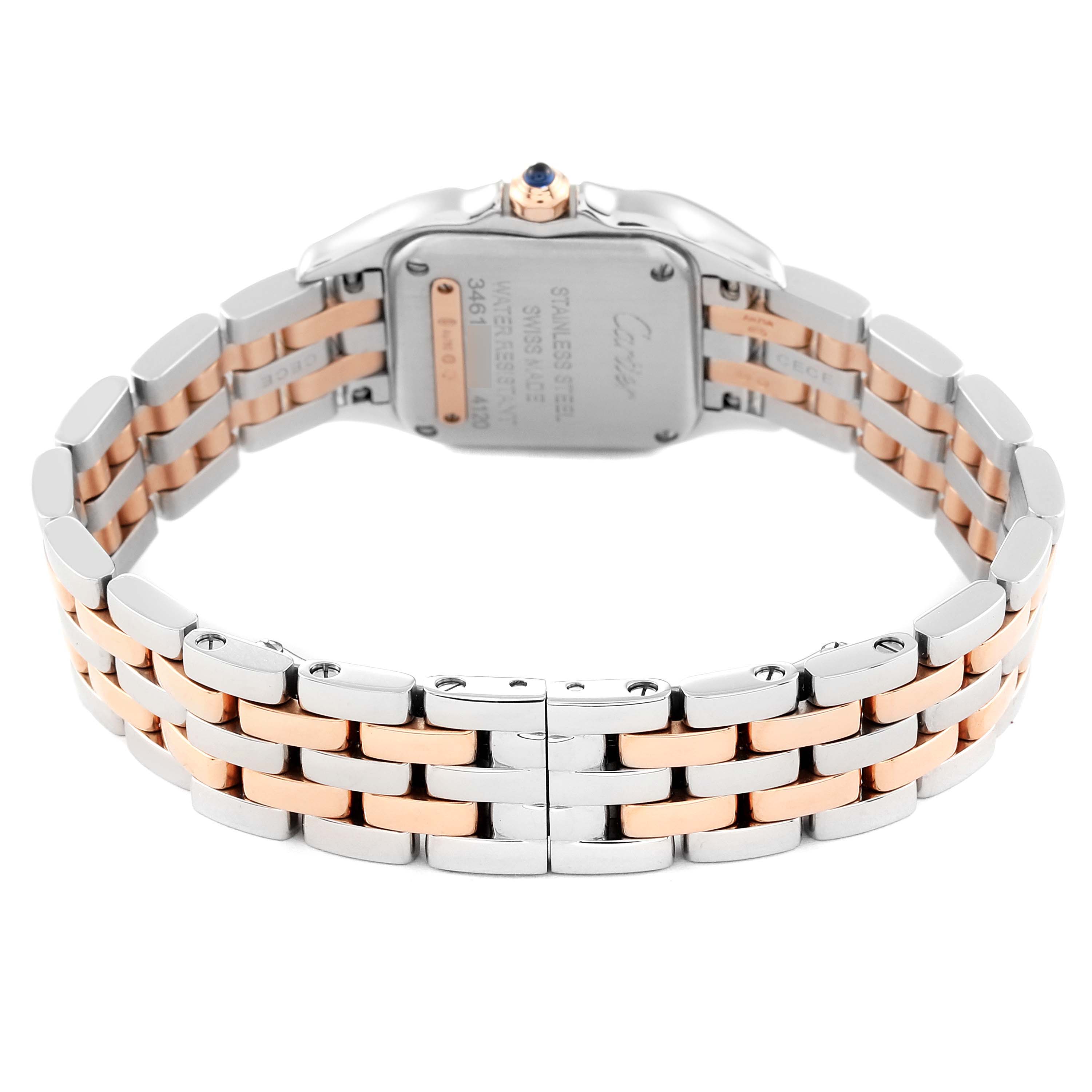 This image shows the back view of a Cartier Panthere W3PN0006 Women's Steel and Gold (two tone) Silver Dial W3PN0006 Women's Steel and Gold (two tone) Silver Dial watch, featuring the case back and two-tone metal bracelet.
