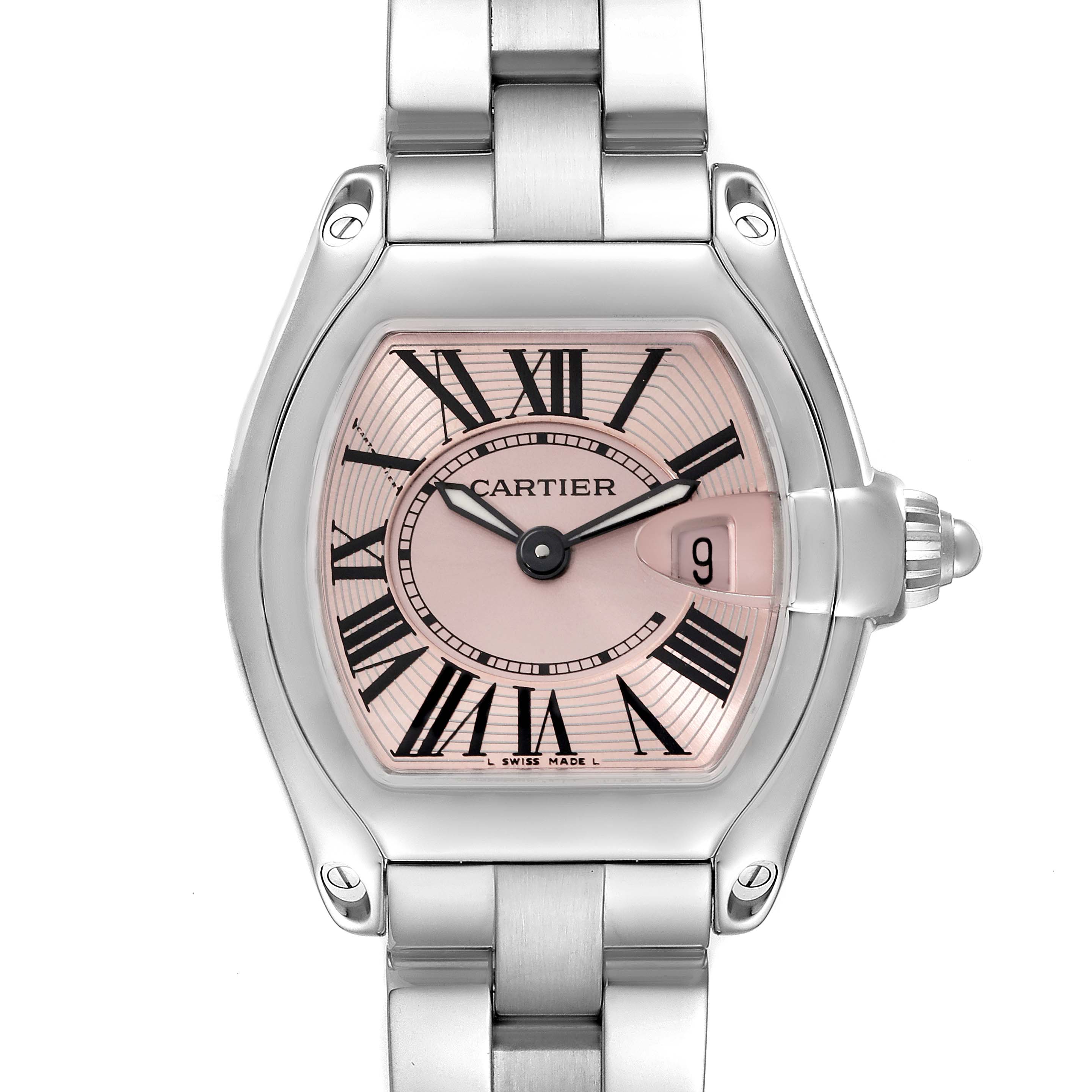 This image shows a front view of the Cartier Roadster W62017V3 Women's Stainless Steel Pink Dial W62017V3 Women's Stainless Steel Pink Dial watch, including its face, bezel, and part of its metal bracelet.