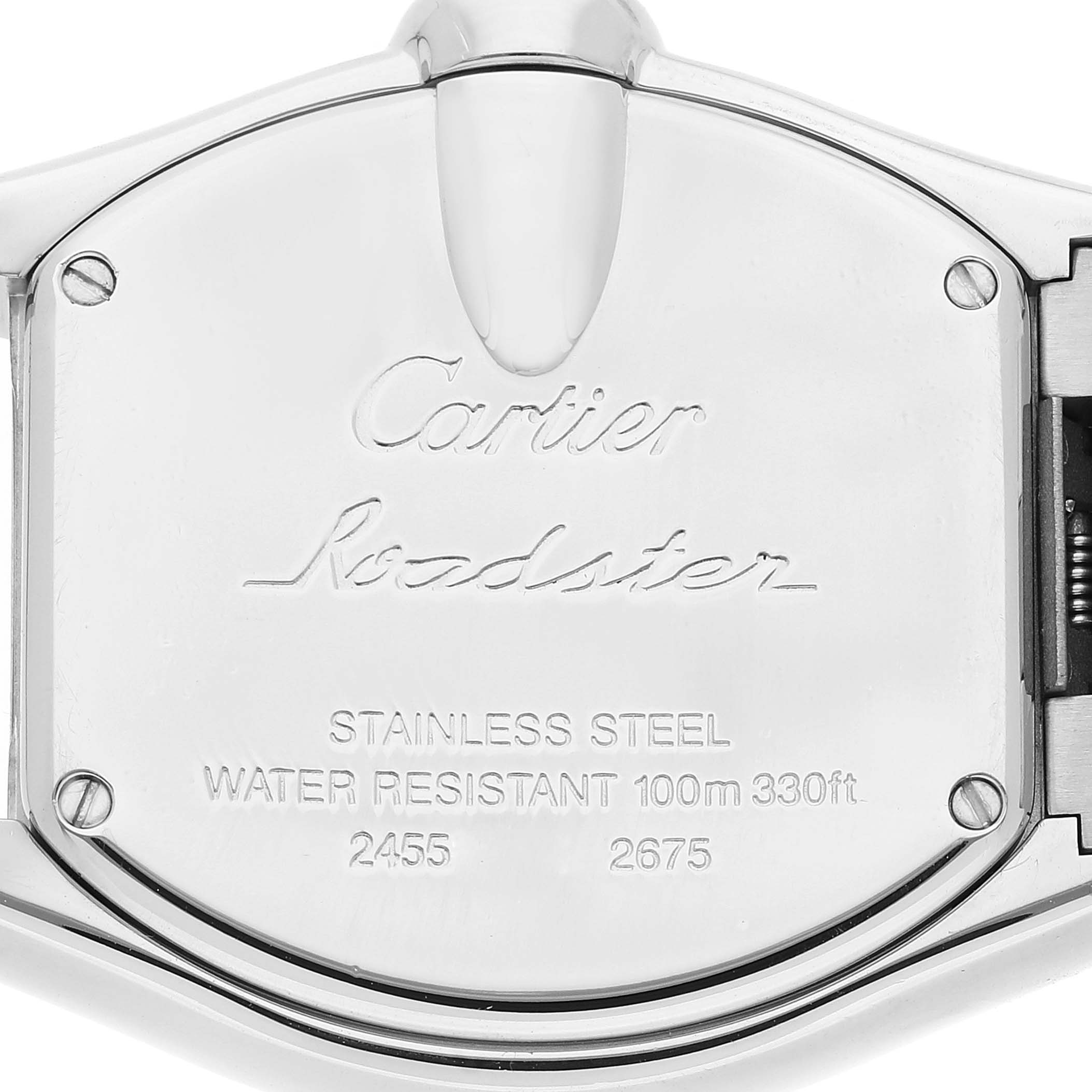 This image shows the back case of a Cartier Roadster W62017V3 Women's Stainless Steel Pink Dial W62017V3 Women's Stainless Steel Pink Dial watch, displaying the brand name, model, and specifications.