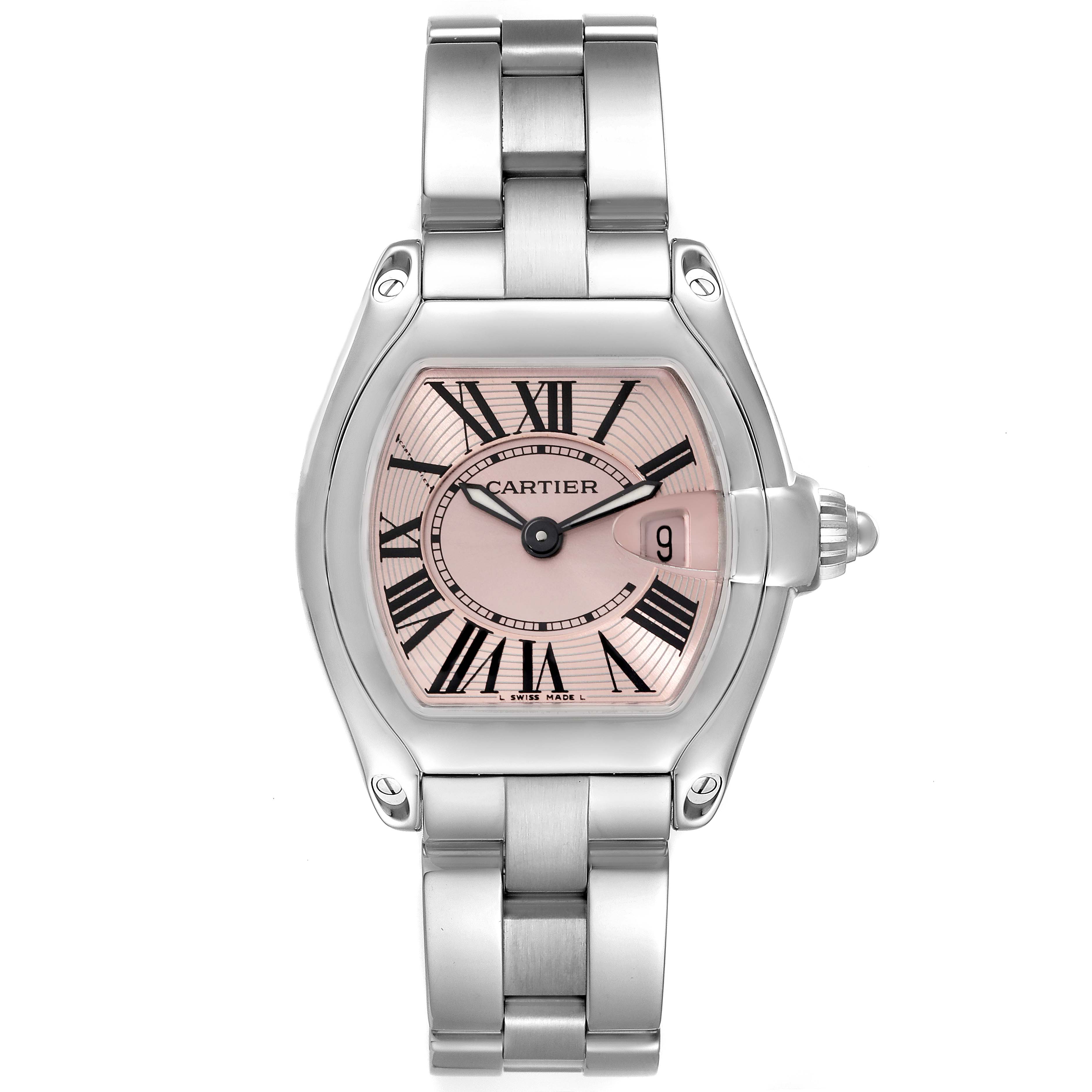 The image shows a Roadster model watch by Cartier from the front, displaying its dial, case, bracelet, and crown.