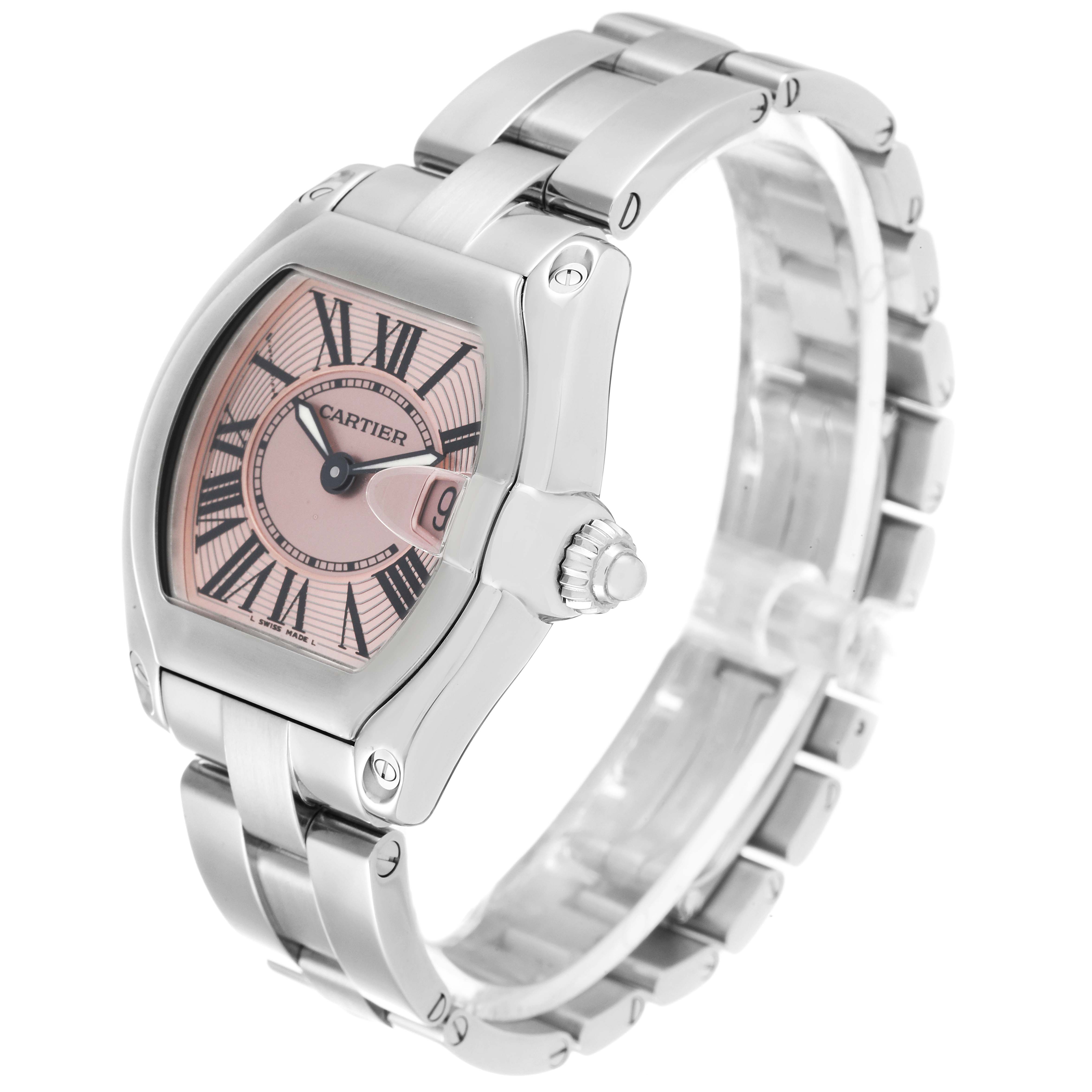 The Cartier Roadster W62017V3 Women's Stainless Steel Pink Dial W62017V3 Women's Stainless Steel Pink Dial watch is shown at a slight angle, displaying the front dial, crown, and metal bracelet.